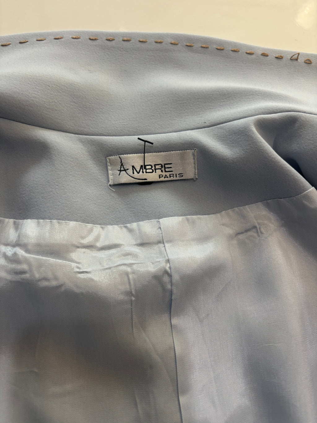 Ambre Paris Powder Blue Tailored Jacket – Vintage-Inspired Gold Stitch Detail