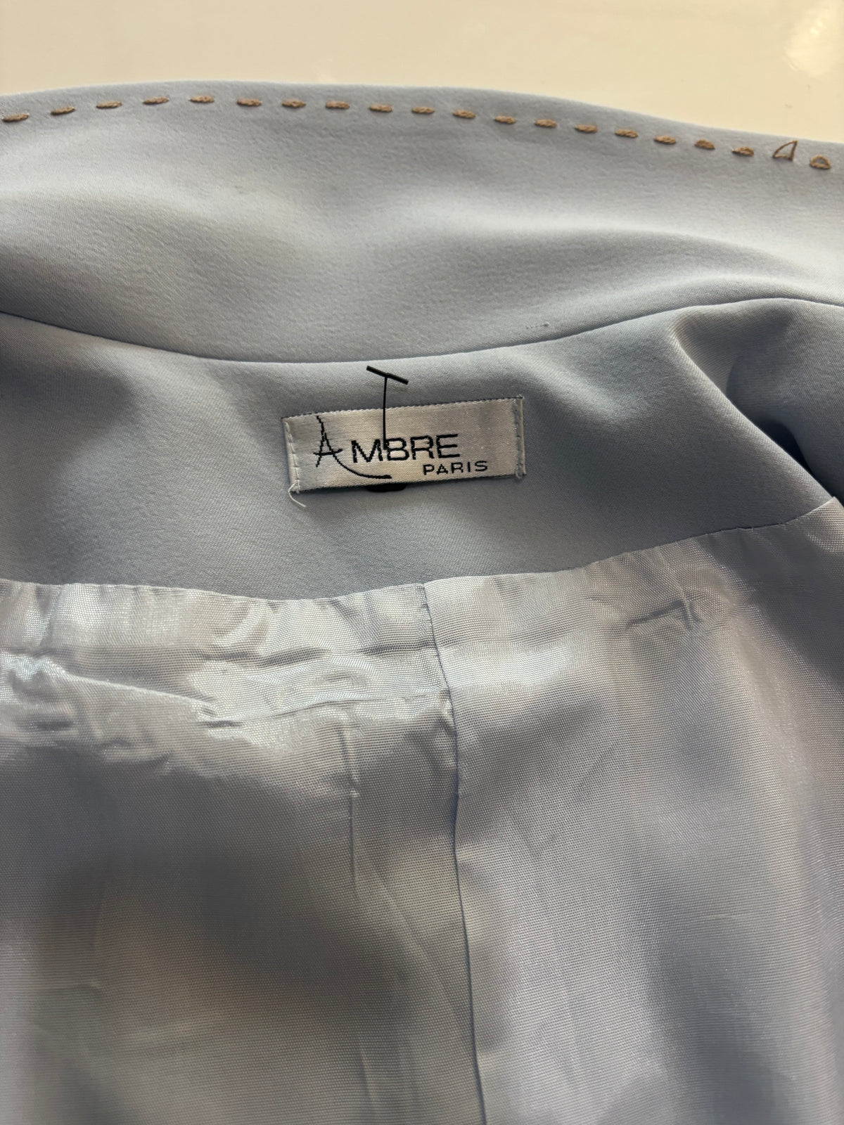 Ambre Paris Powder Blue Tailored Jacket – Vintage-Inspired Gold Stitch Detail