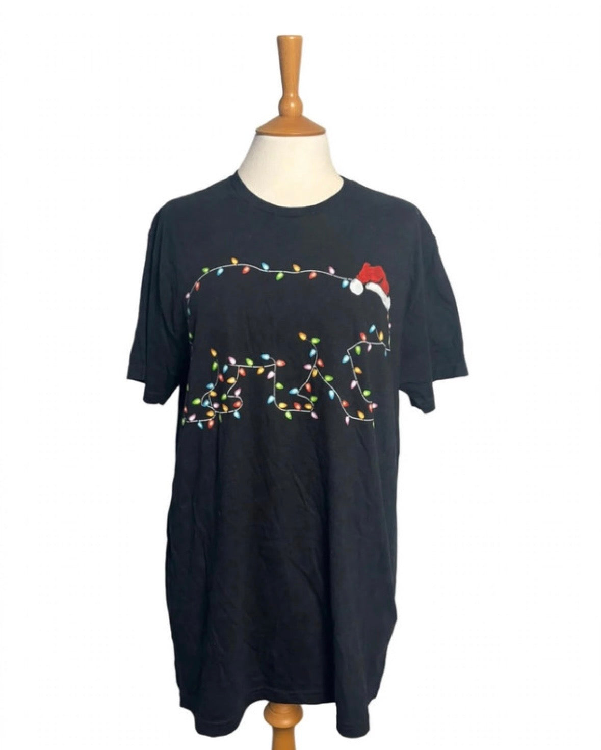 Black Polar Bear Christmas Lights Cotton T-Shirt – Size L