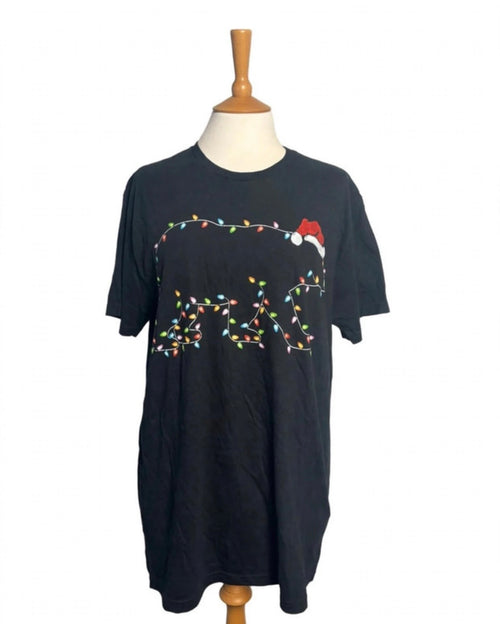Black Polar Bear Christmas Lights Cotton T-Shirt – Size L
