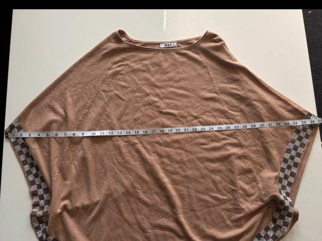 M&V Camel Brown Poncho Top with Rhinestone Check Trim – S/M