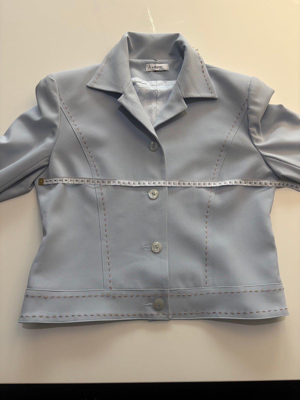 Ambre Paris Powder Blue Tailored Jacket – Vintage-Inspired Gold Stitch Detail