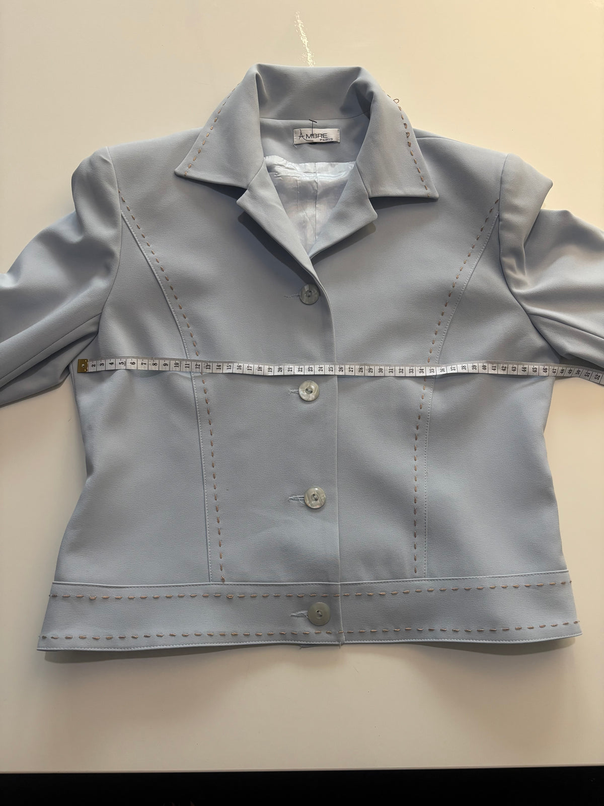 Ambre Paris Powder Blue Tailored Jacket – Vintage-Inspired Gold Stitch Detail