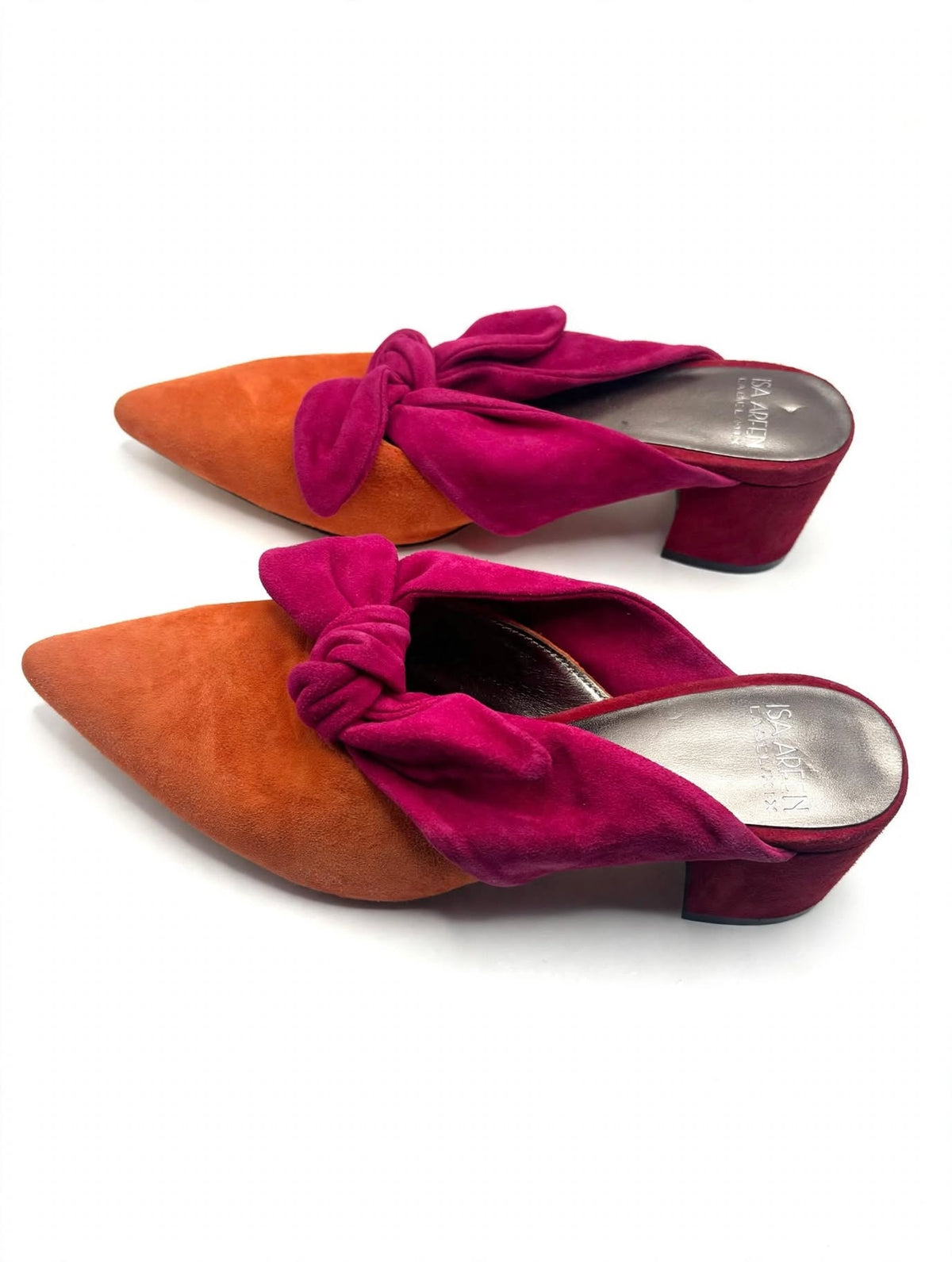 Isa Arfen Suede Colourblock Bow Mules – Orange & Pink – Size 3