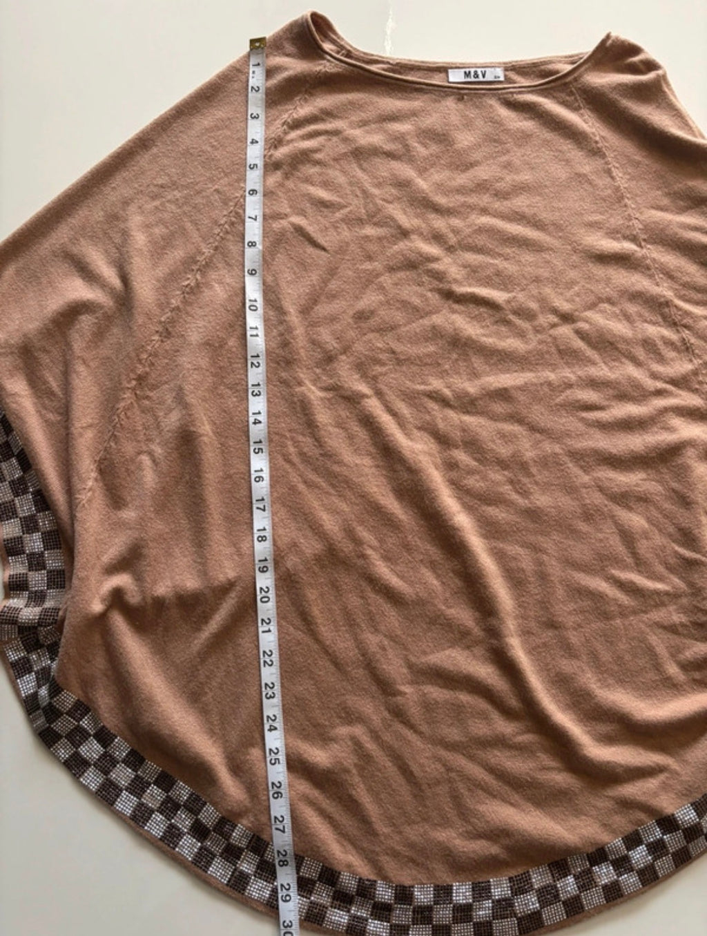 M&V Camel Brown Poncho Top with Rhinestone Check Trim – S/M