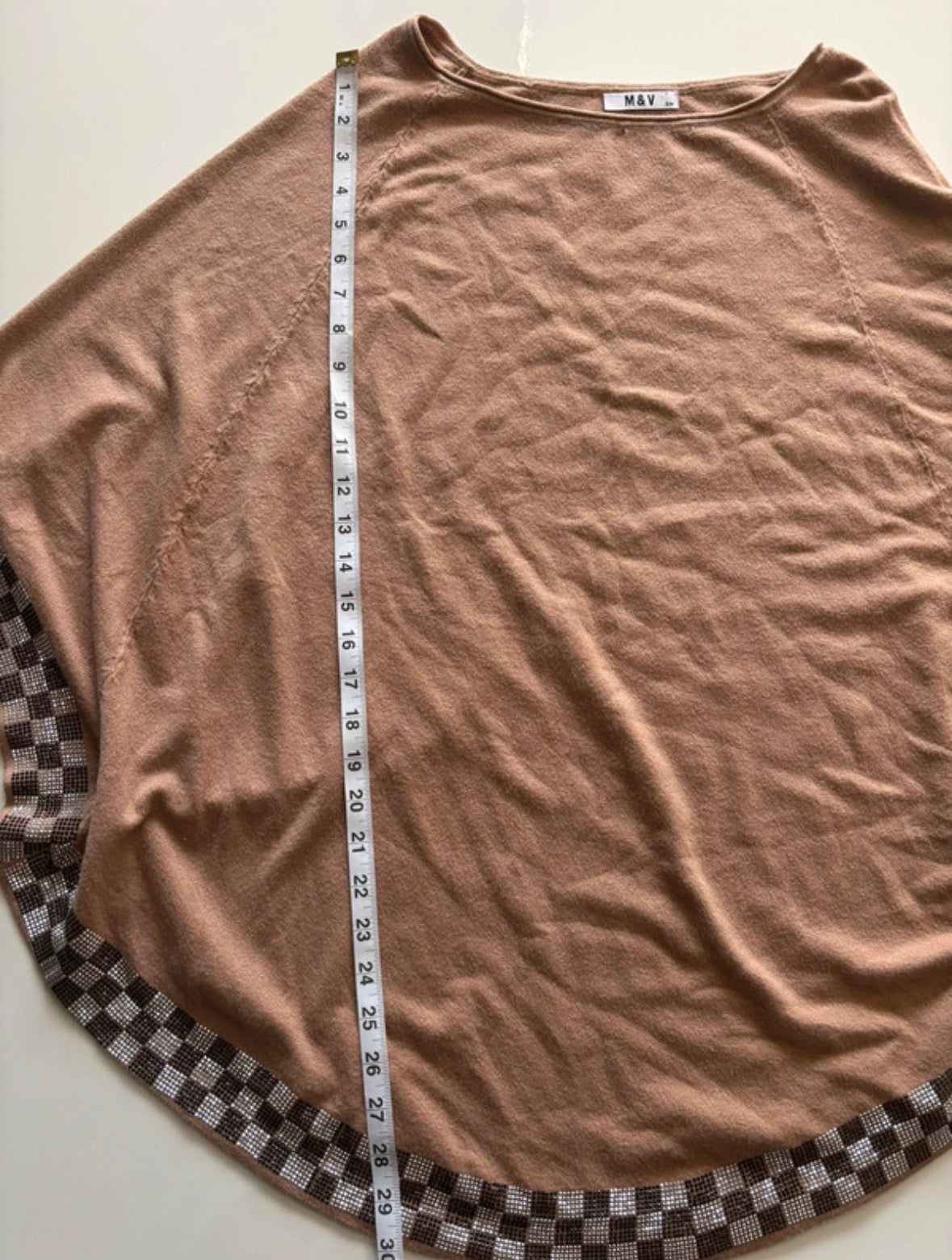 M&V Camel Brown Poncho Top with Rhinestone Check Trim – S/M