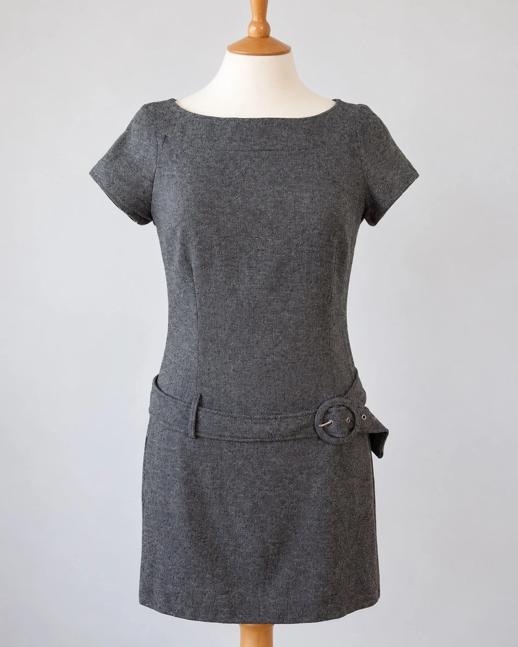 Warehouse grey tweed mini shift dress with cap sleeves and belted waist detail.