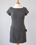 Warehouse grey tweed mini shift dress with cap sleeves and belted waist detail.
