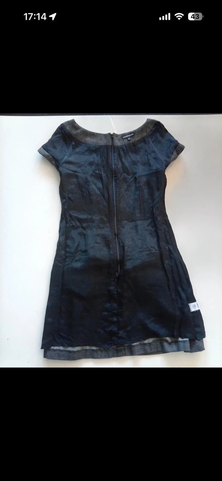 Warehouse grey tweed mini shift dress with cap sleeves and belted waist detail.