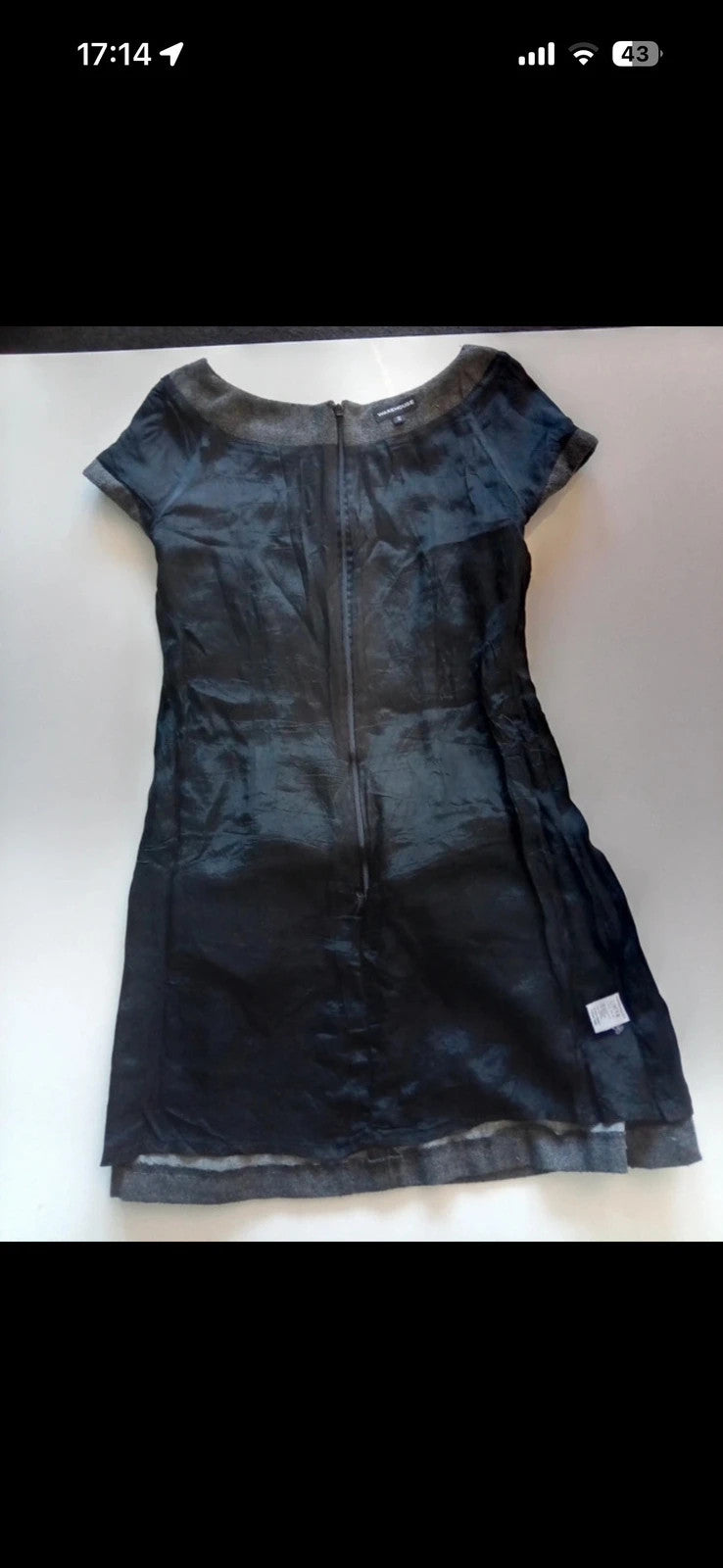 Warehouse grey tweed mini shift dress with cap sleeves and belted waist detail.