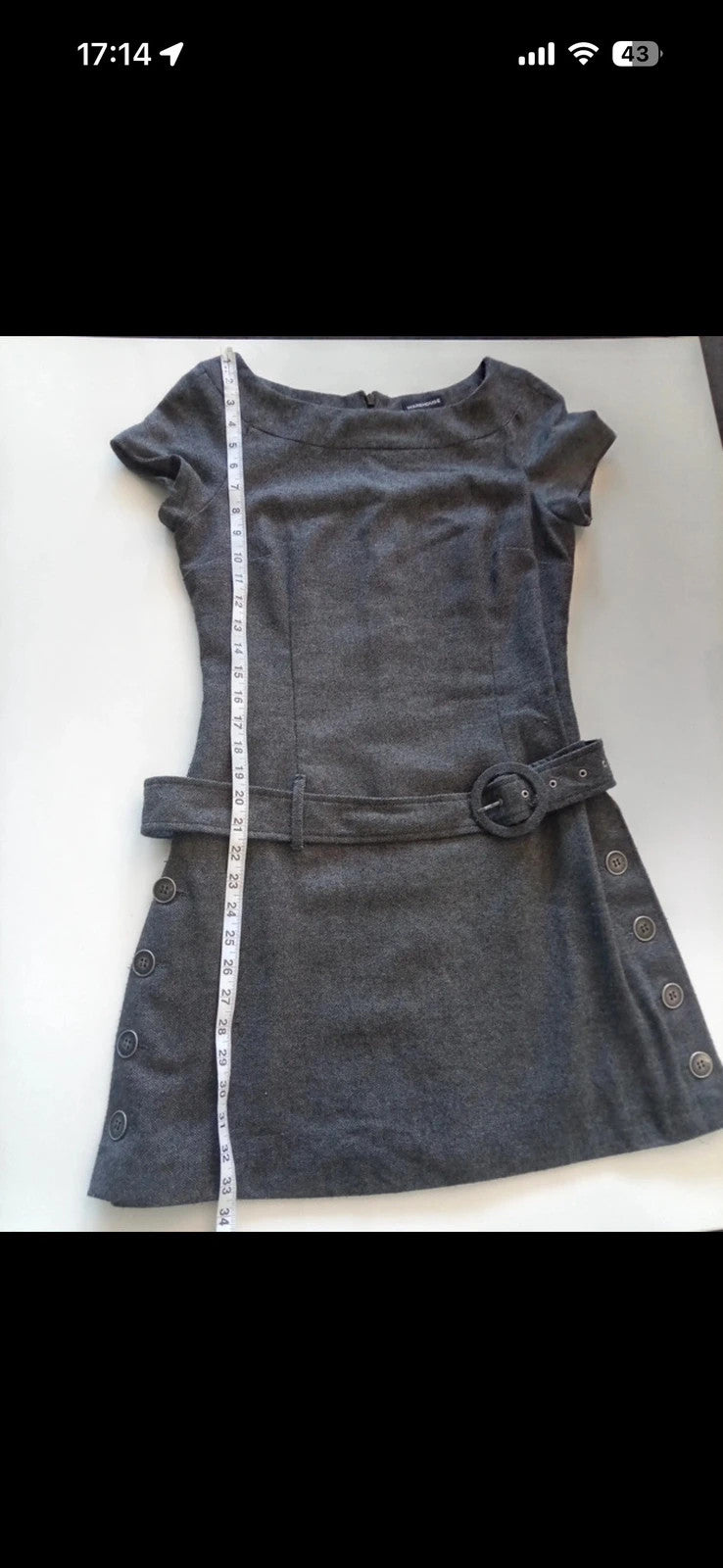 Warehouse grey tweed mini shift dress with cap sleeves and belted waist detail.