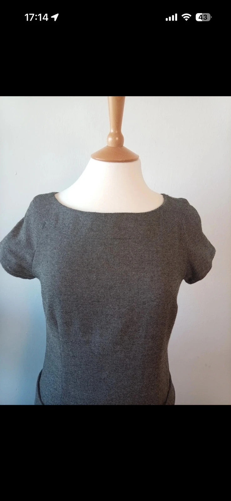 Warehouse grey tweed mini shift dress with cap sleeves and belted waist detail.