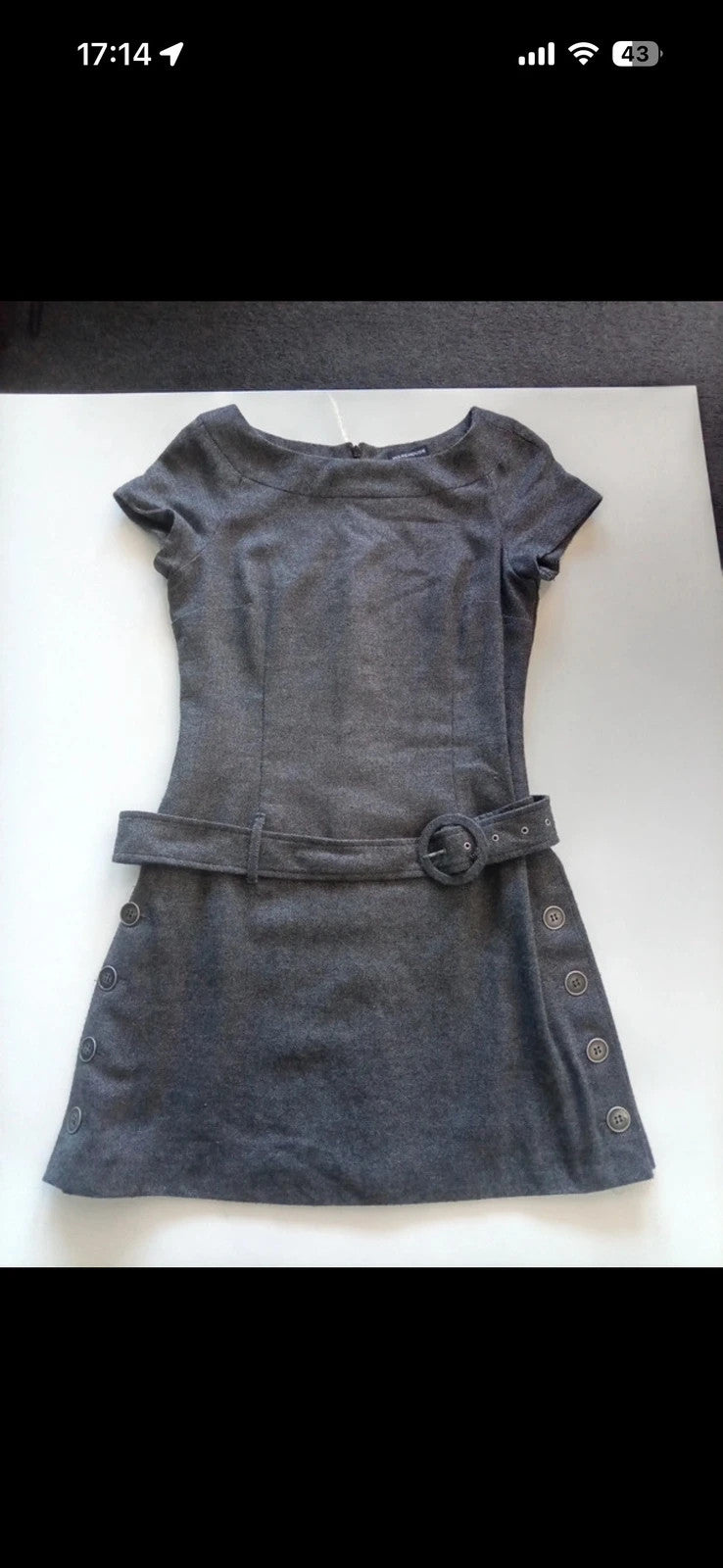 Warehouse grey tweed mini shift dress with cap sleeves and belted waist detail.