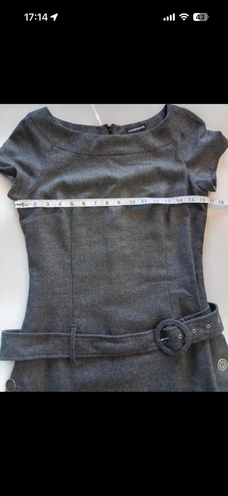Warehouse grey tweed mini shift dress with cap sleeves and belted waist detail.