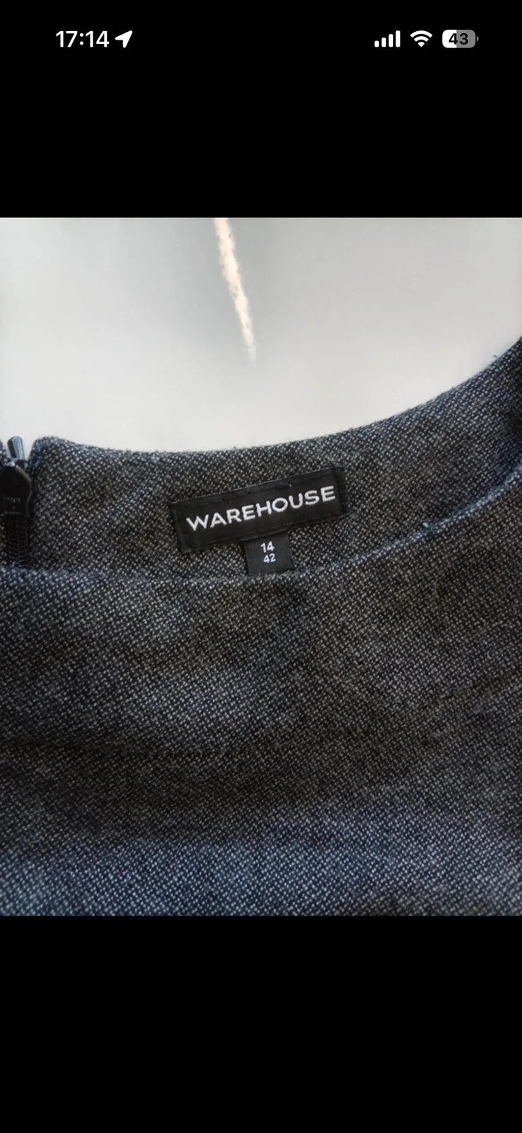 Warehouse grey tweed mini shift dress with cap sleeves and belted waist detail.