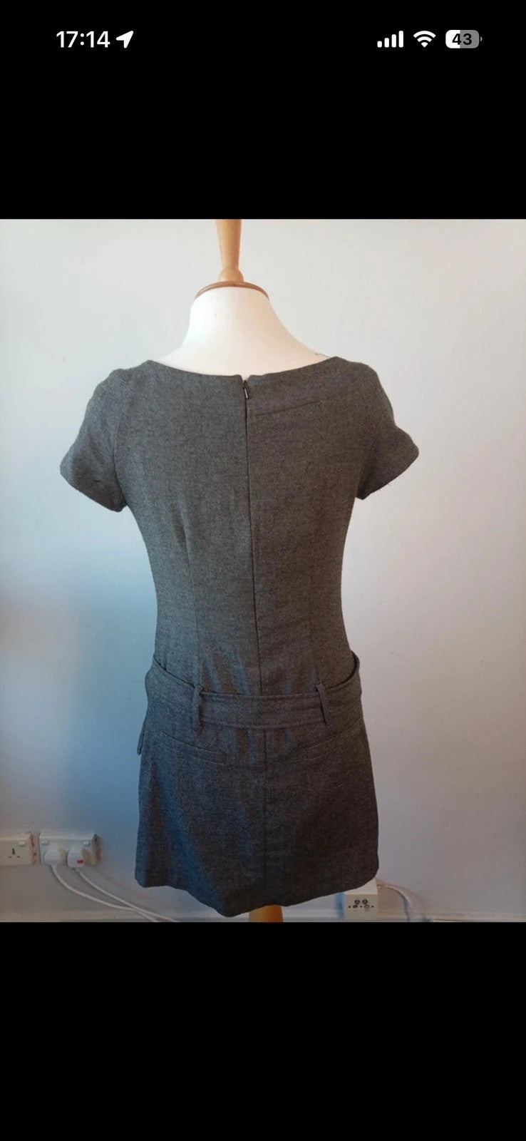 Warehouse grey tweed mini shift dress with cap sleeves and belted waist detail.
