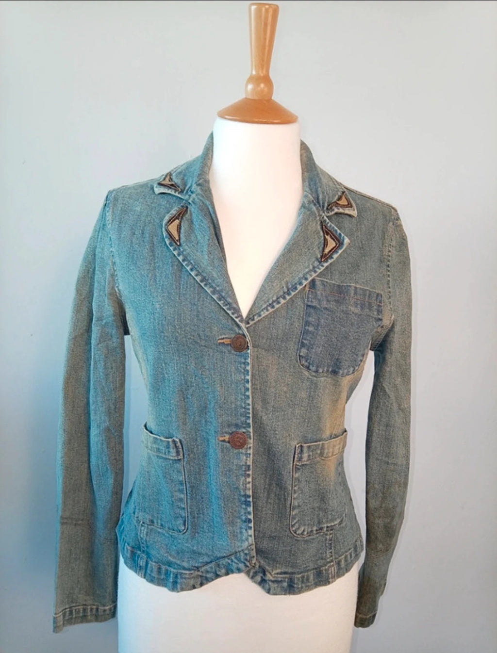 Nitro Stretch blue denim blazer jacket with western-style collar and fitted silhouette.