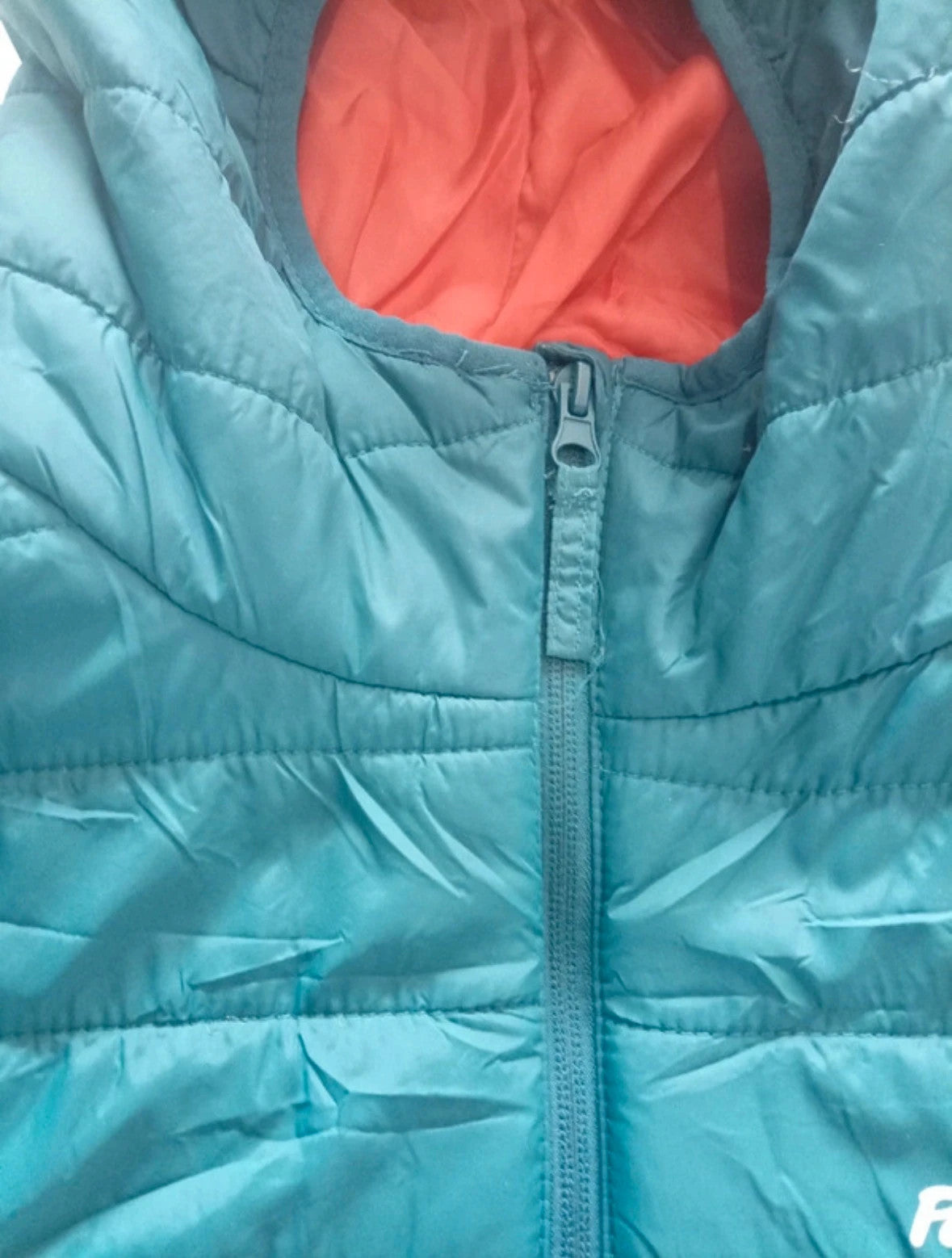 Peter Storm teal blue puffer jacket with hood and contrasting orange lining.