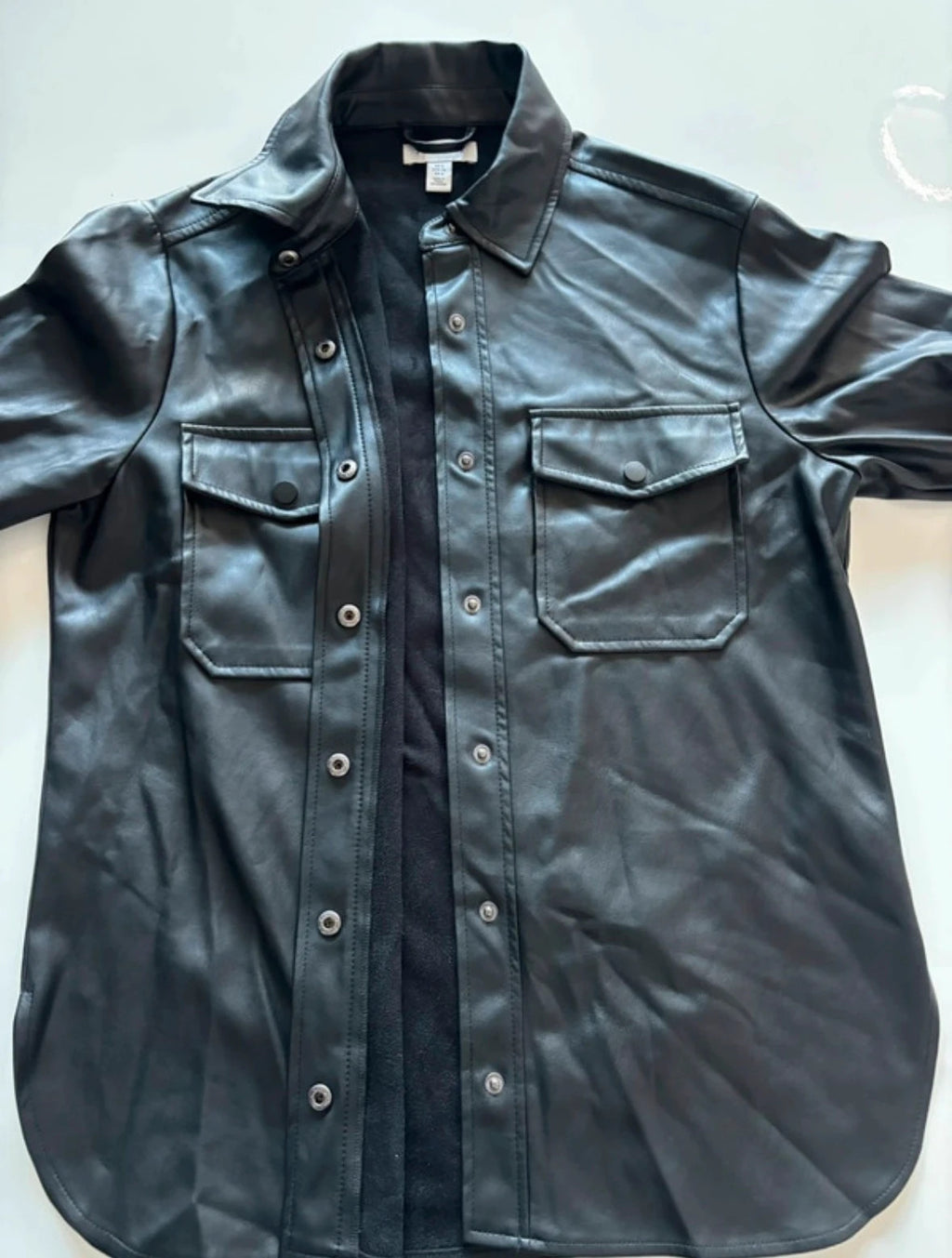 Topshop black faux leather shacket with classic collar and press-stud front fastening.