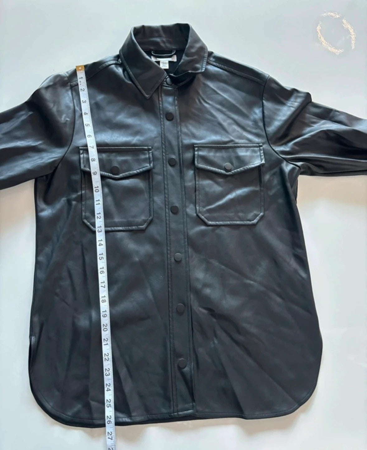 Topshop black faux leather shacket with classic collar and press-stud front fastening.