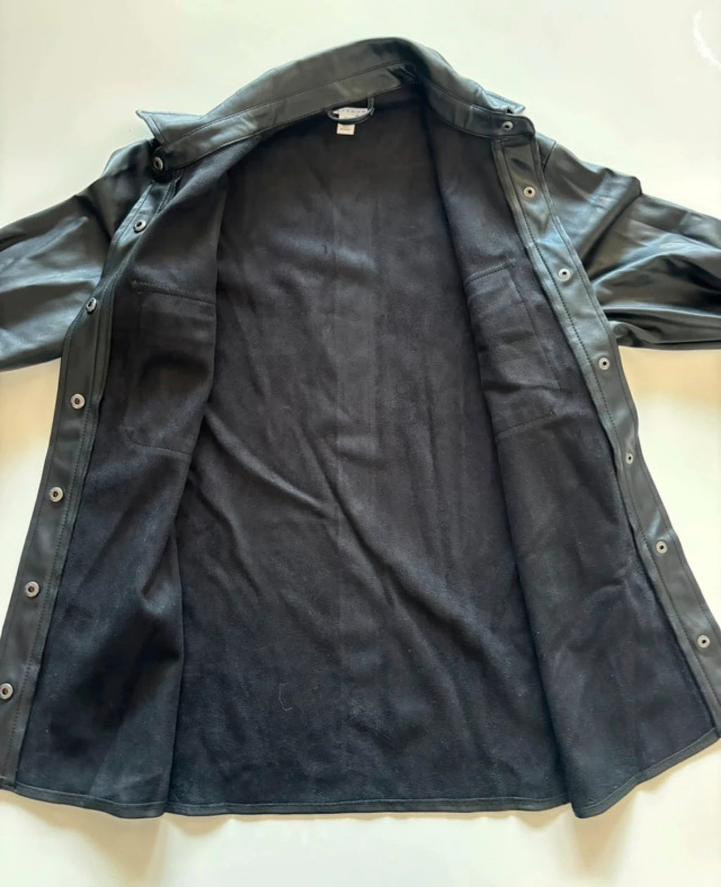 Topshop black faux leather shacket with classic collar and press-stud front fastening.