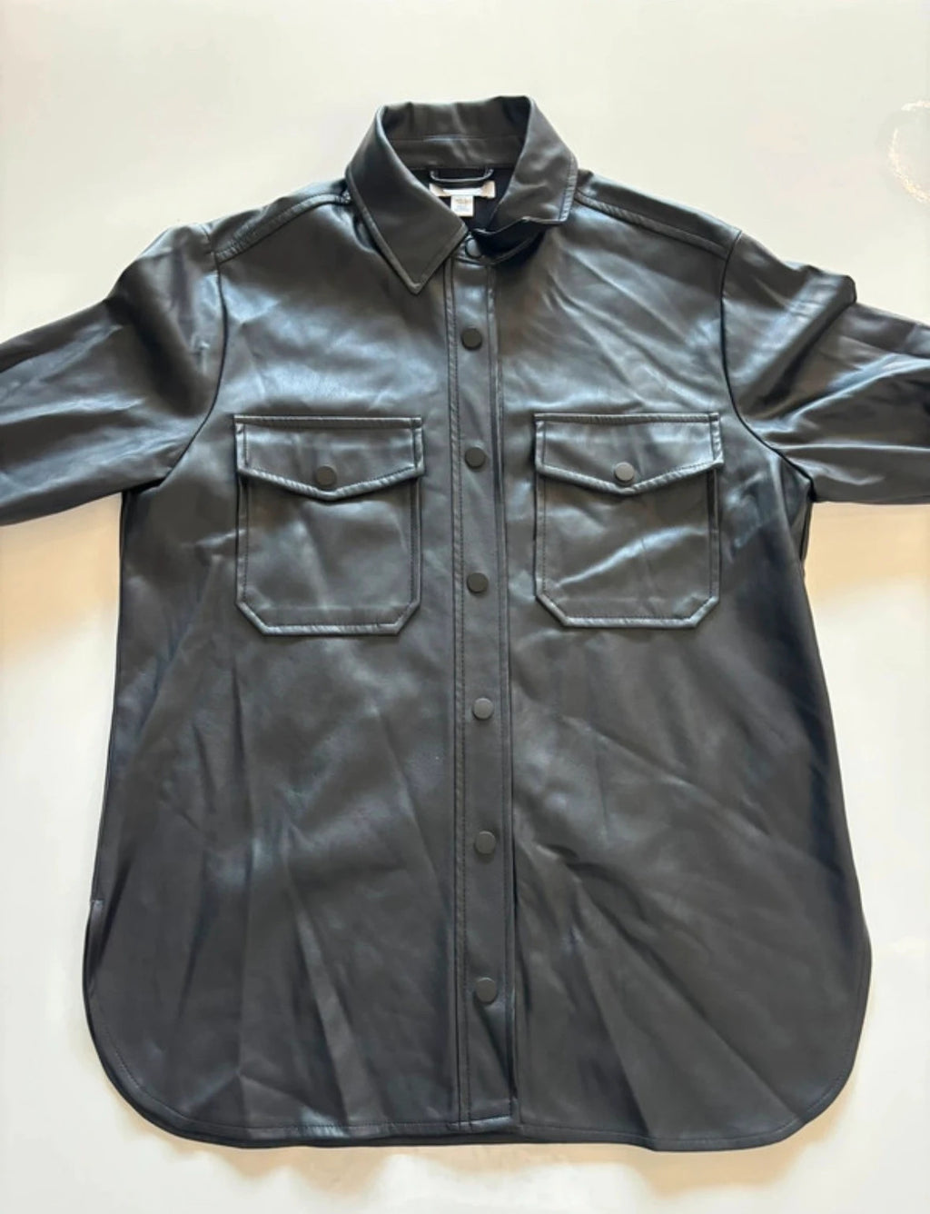 Topshop black faux leather shacket with classic collar and press-stud front fastening.
