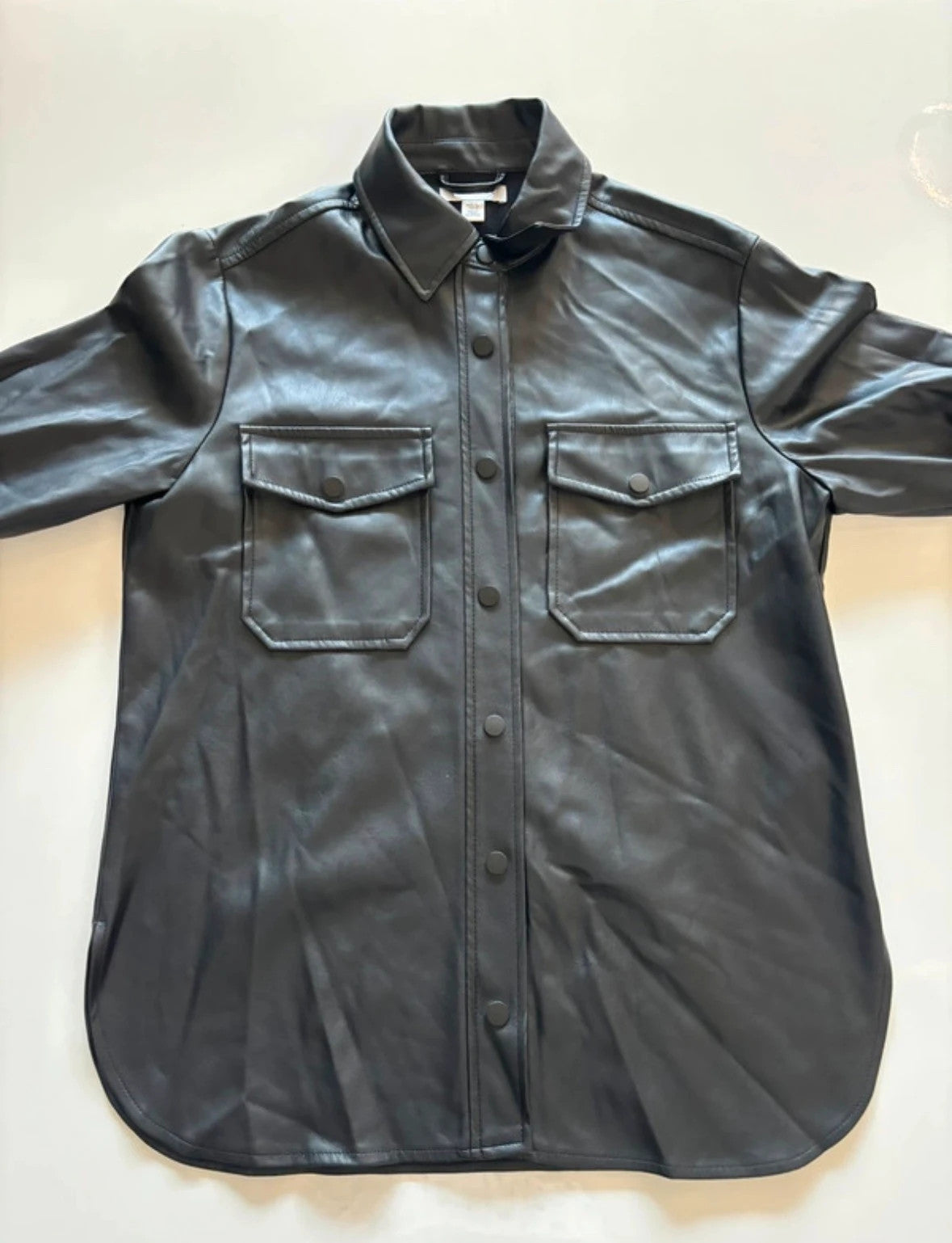 Topshop black faux leather shacket with classic collar and press-stud front fastening.