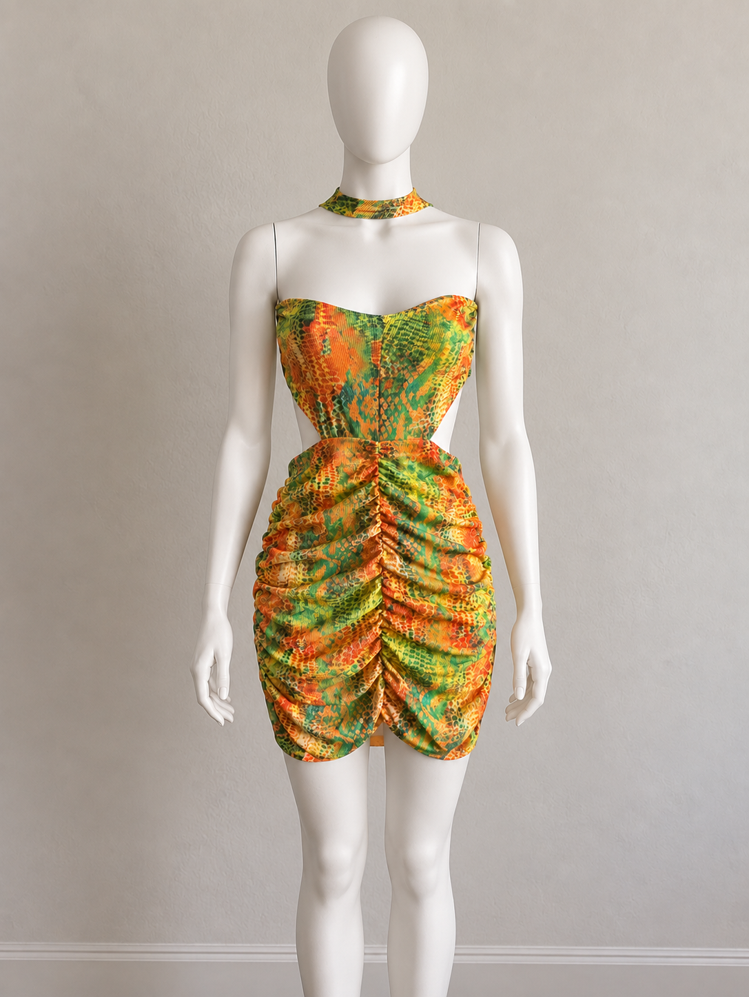 PrettyLittleThing Y2K Snake Print Cut-Out Ruched Mini Dress – UK 10
