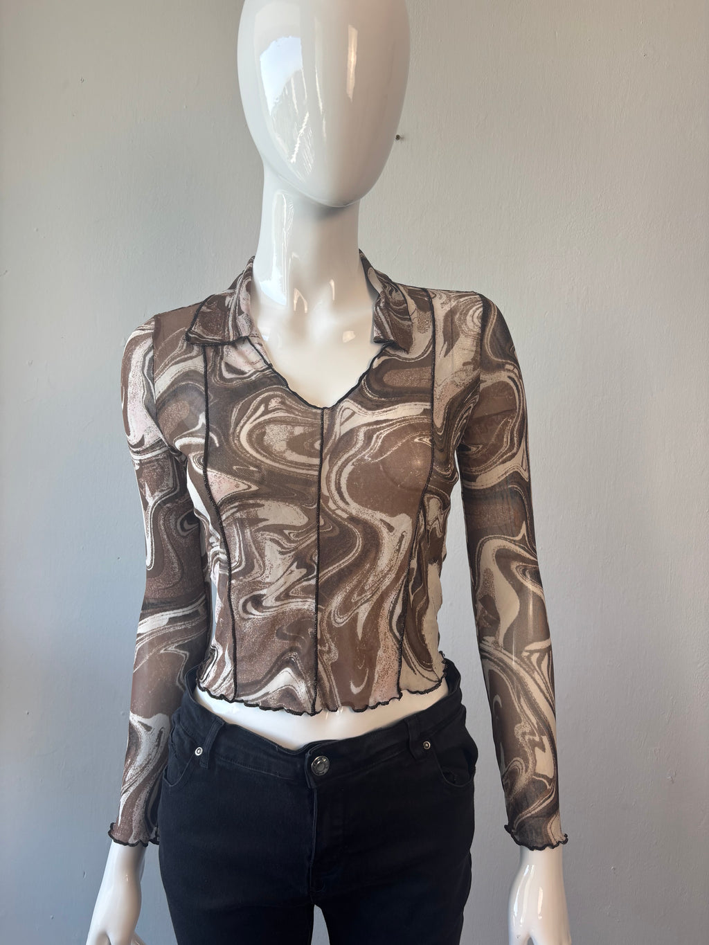 Y2K Brown Marble Print Mesh Long Sleeve Top | Size M