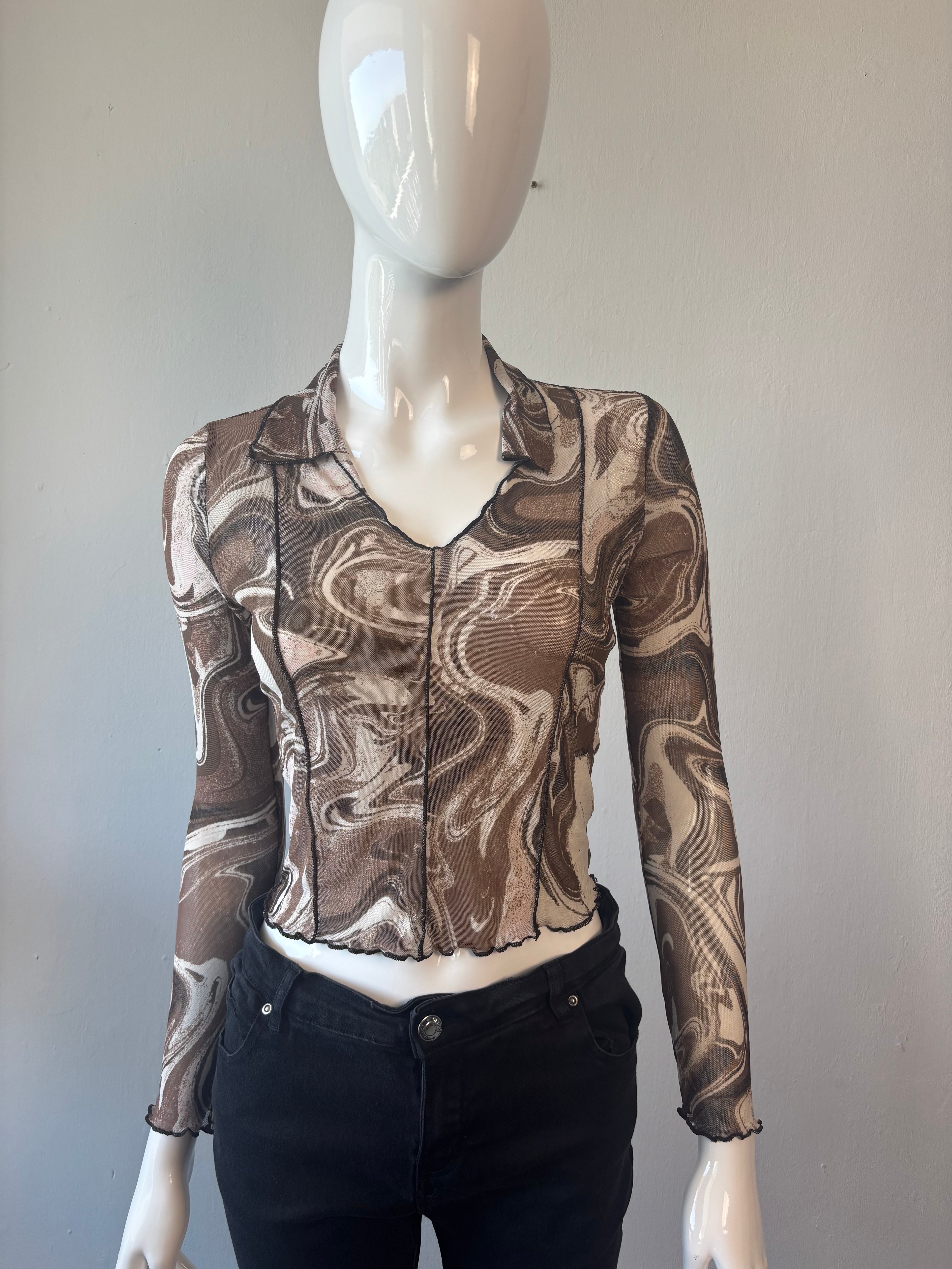 Y2K Brown Marble Print Mesh Long Sleeve Top | Size M