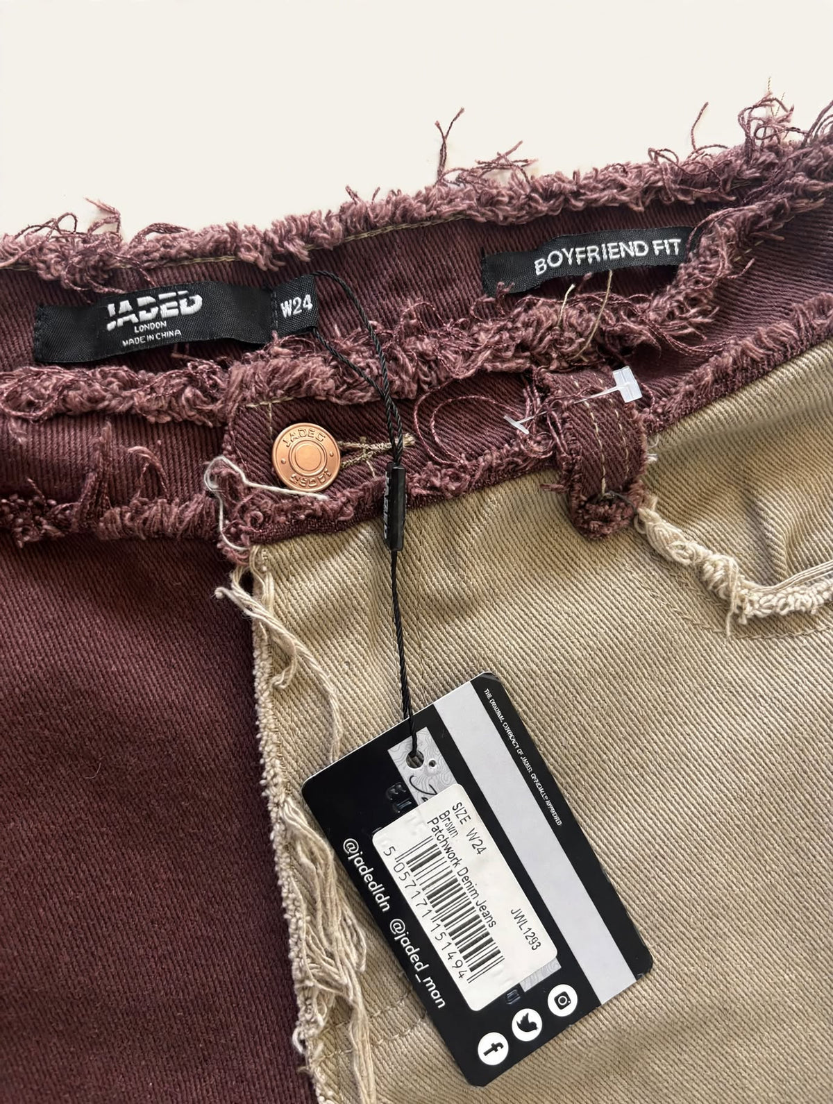 Jaded London Brown Patchwork Denim Jeans - BNWT - W24 Boyfriend Fit - JWL1293