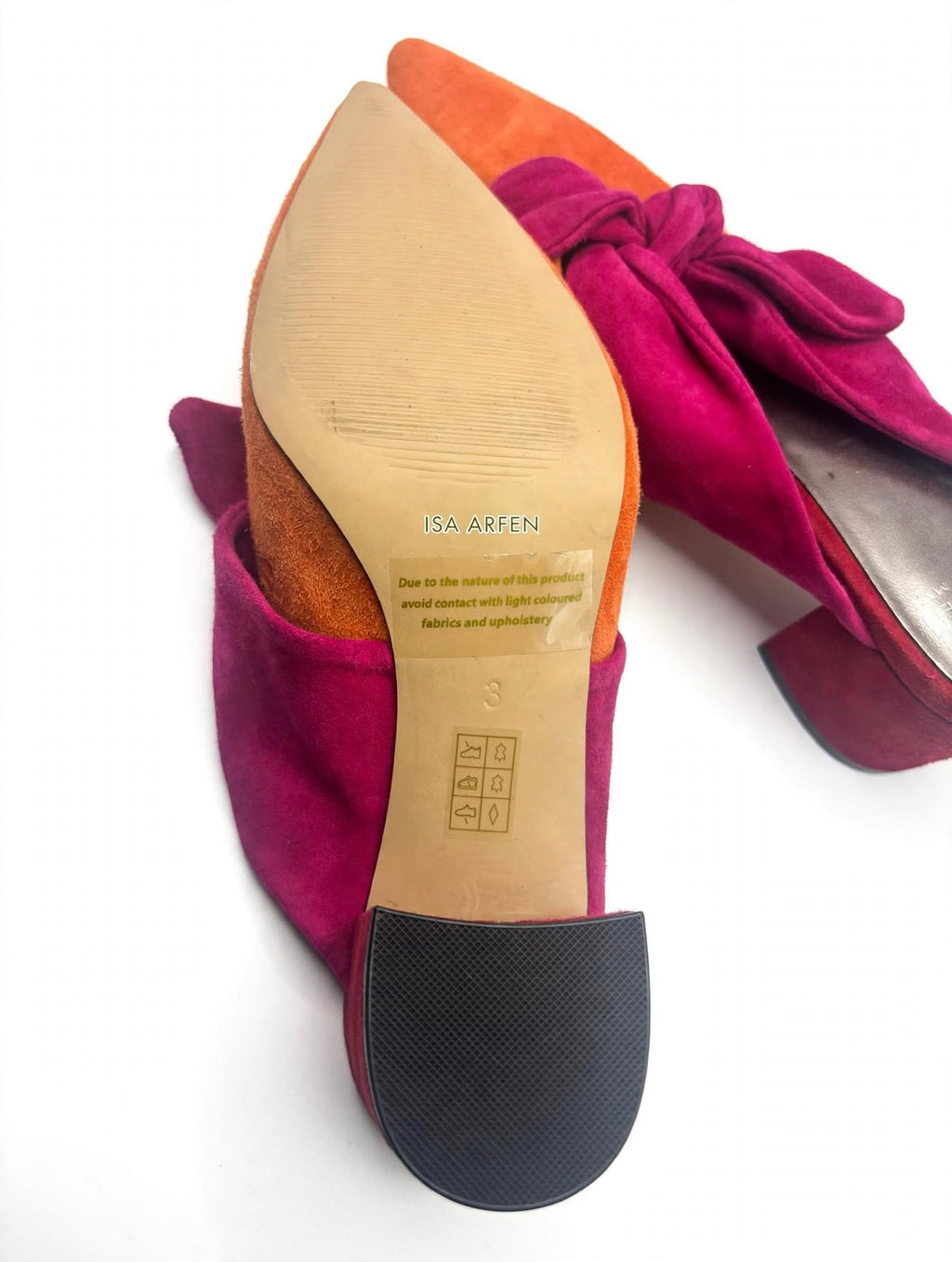 Isa Arfen Suede Colourblock Bow Mules – Orange & Pink – Size 3