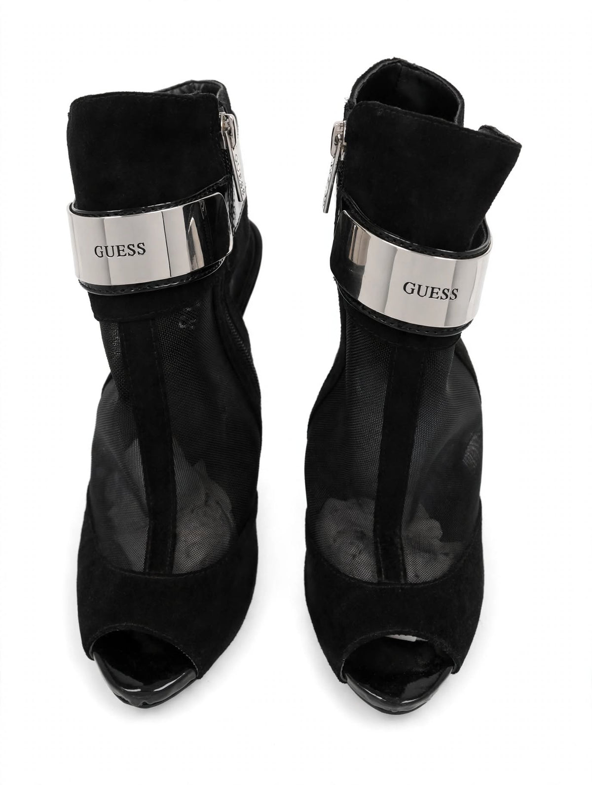 GUESS Black Mesh & Suede-Effect Peep Toe Heels – Silver Detail | UK 6