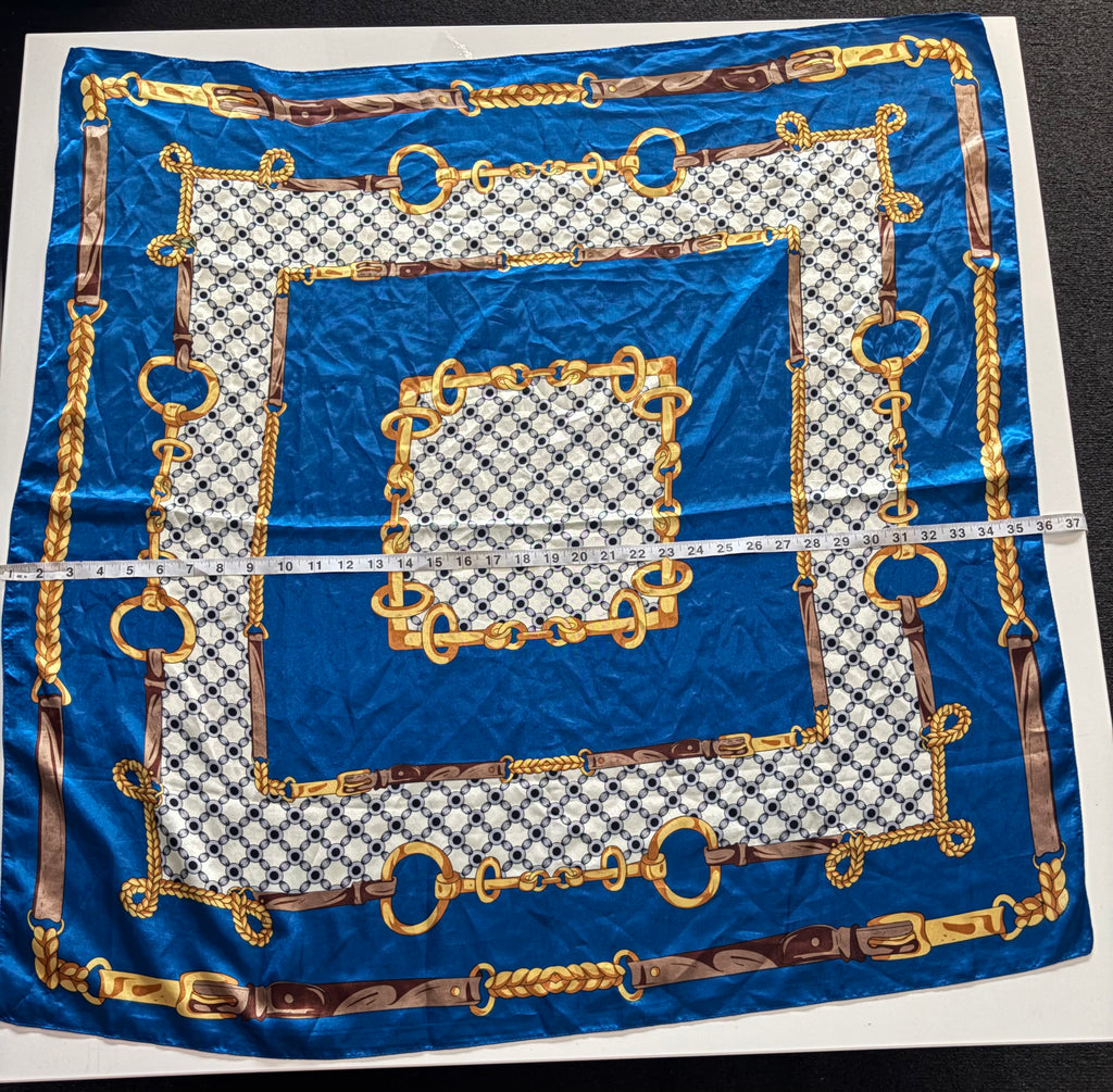 Vintage Blue Equestrian Chain Print Satin Feel Square Scarf – 36”