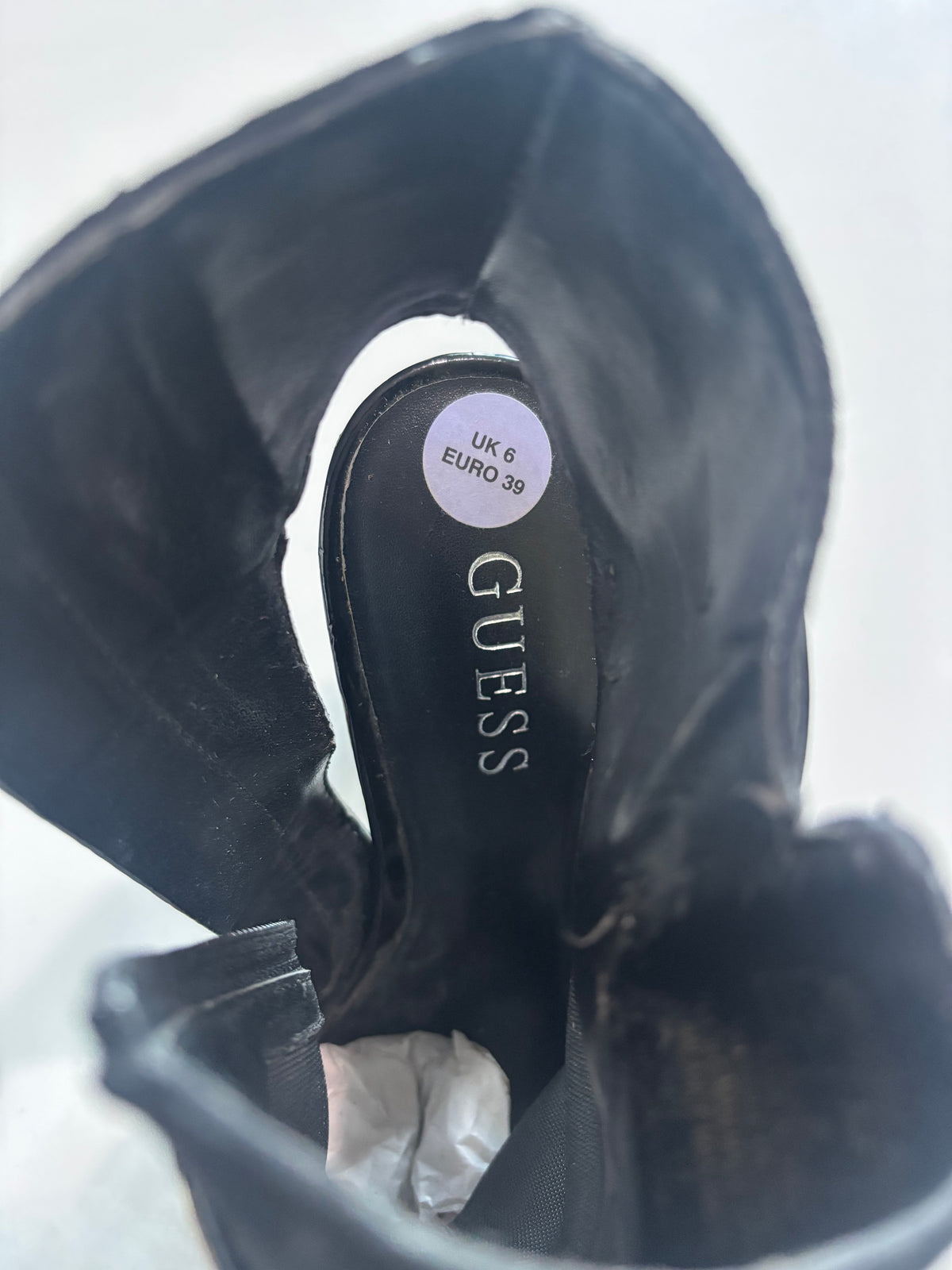 GUESS Black Mesh & Suede-Effect Peep Toe Heels – Silver Detail | UK 6