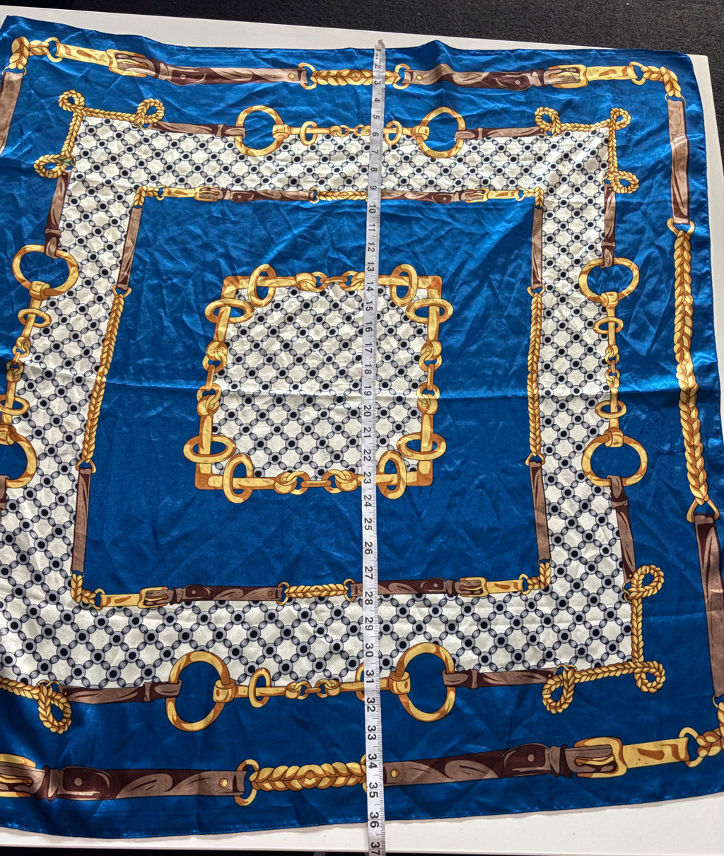 Vintage Blue Equestrian Chain Print Satin Feel Square Scarf – 36”