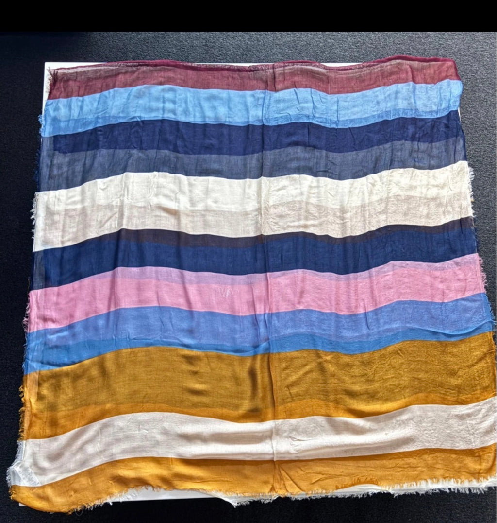 Next Large Striped Viscose Scarf – Mustard, Pink & Blue