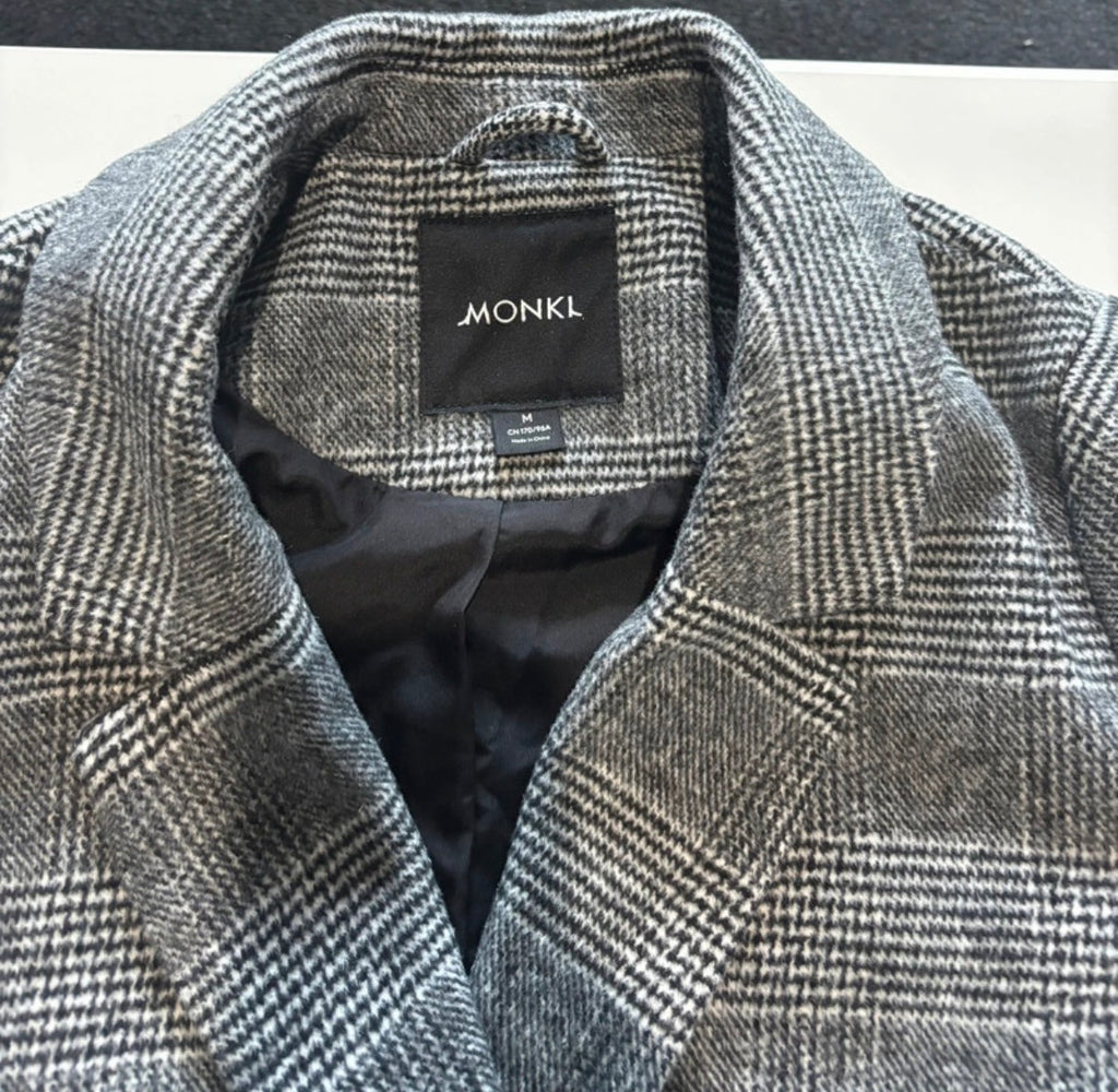 Monki Grey Checked Long Coat – Size M | Fold & Found