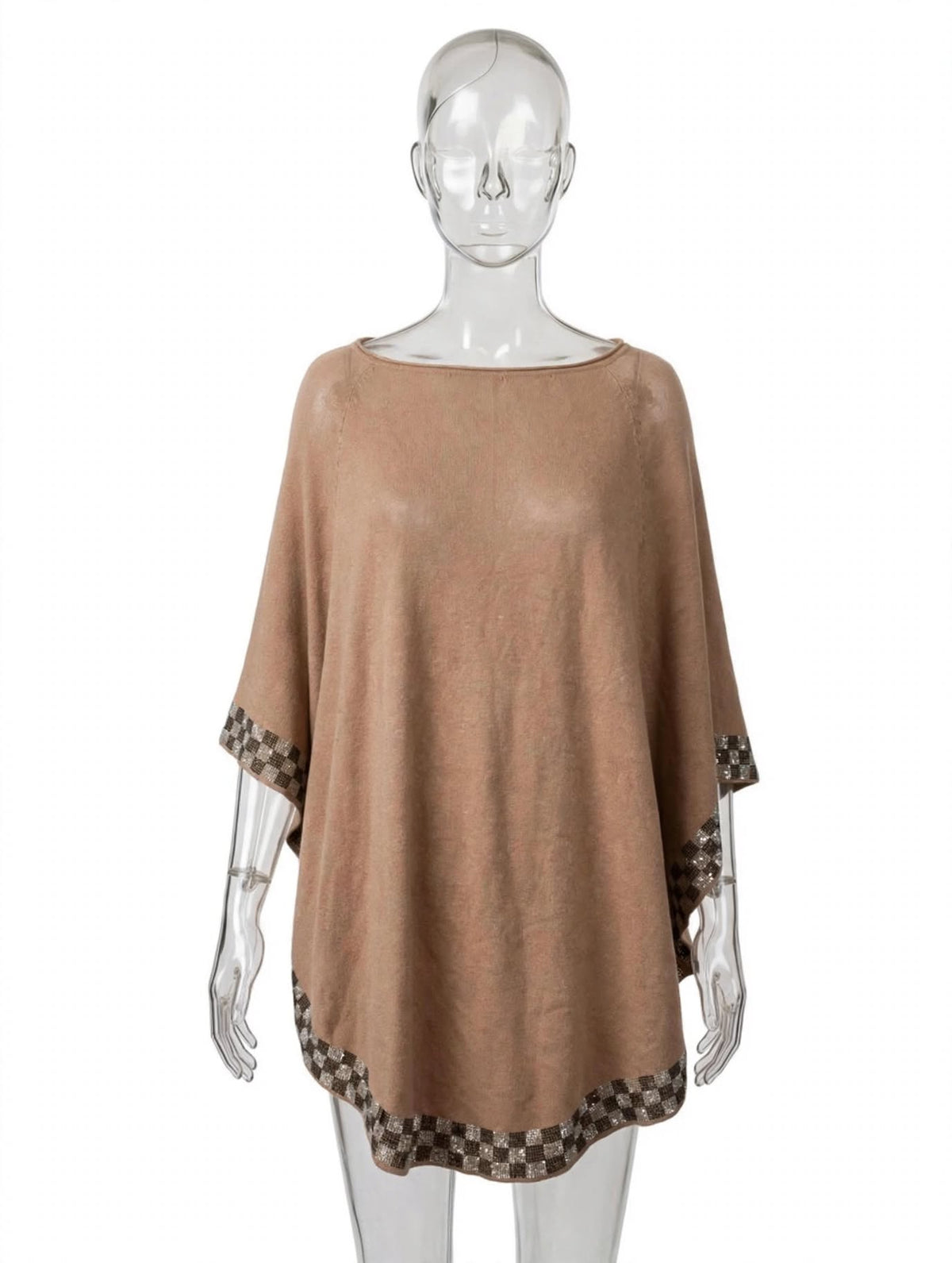 M&V Camel Brown Poncho Top with Rhinestone Check Trim – S/M