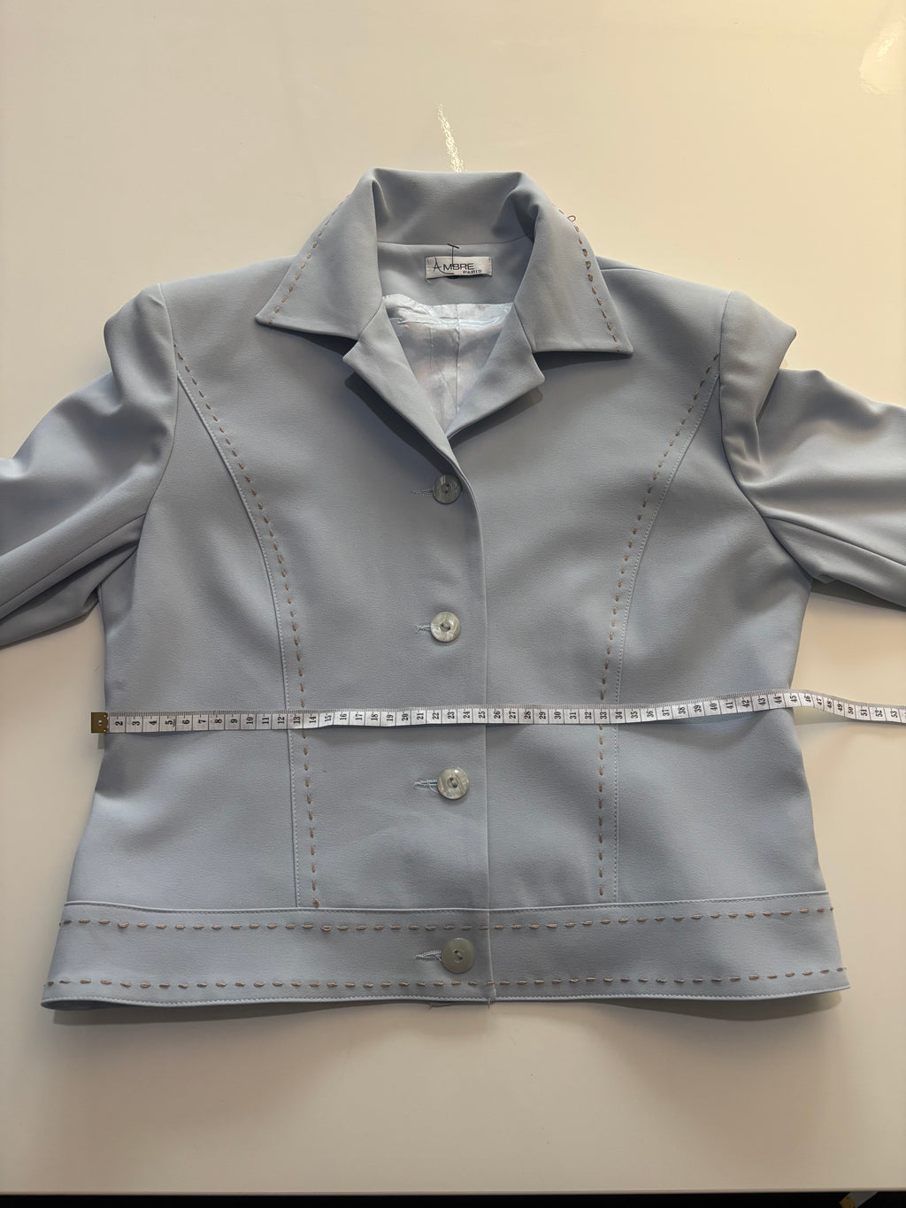 Ambre Paris Powder Blue Tailored Jacket – Vintage-Inspired Gold Stitch Detail