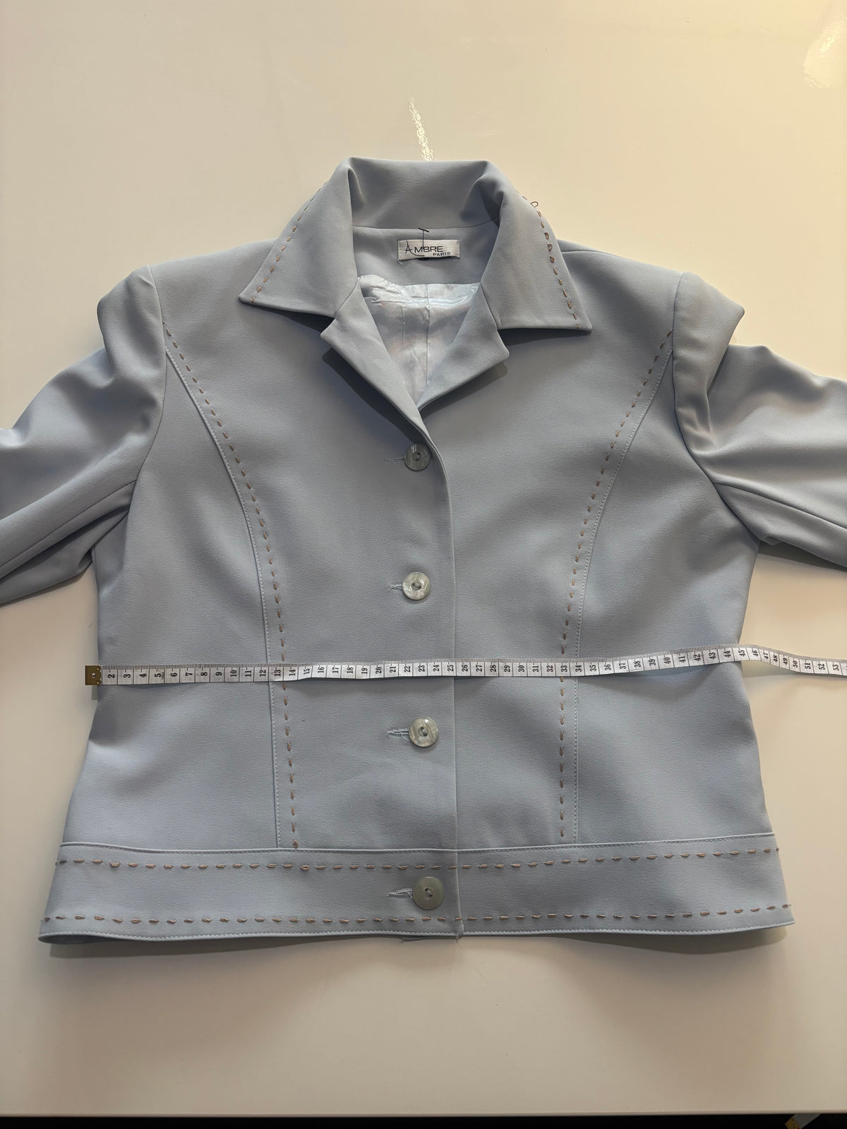Ambre Paris Powder Blue Tailored Jacket – Vintage-Inspired Gold Stitch Detail