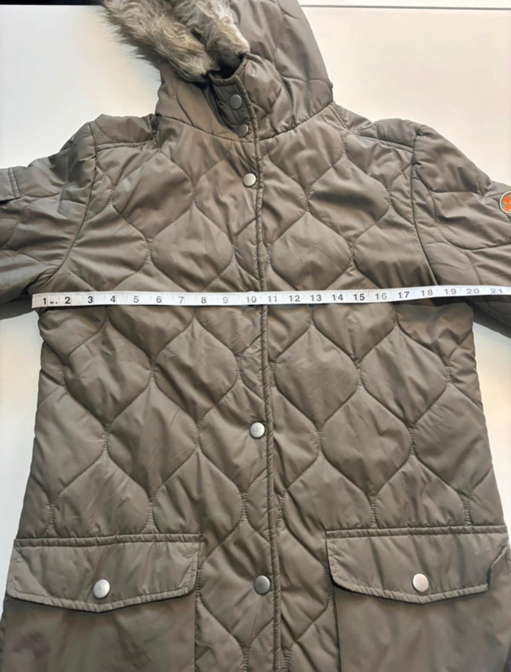 Fluid Khaki Quilted Longline Winter Coat with Faux Fur Hood – Size M