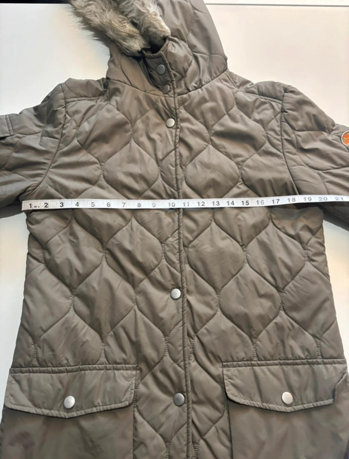 Fluid Khaki Quilted Longline Winter Coat with Faux Fur Hood – Size M