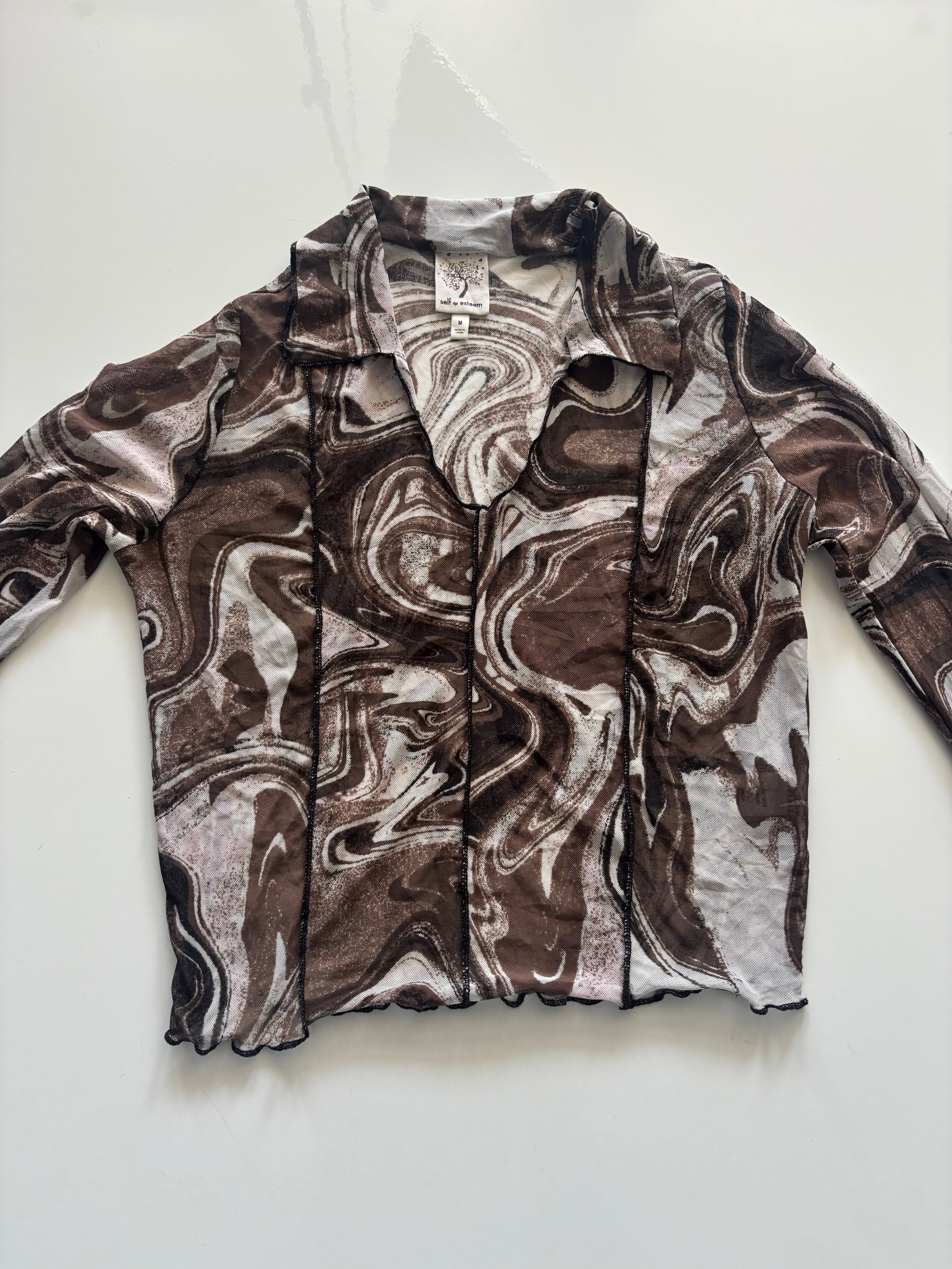 Y2K Brown Marble Print Mesh Long Sleeve Top | Size M