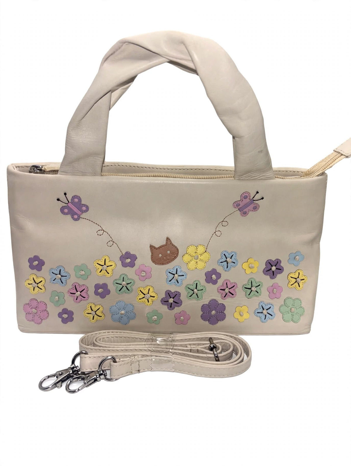 Ciccia Cream Leather Floral Appliqué Handbag – Cat & Butterfly Detail