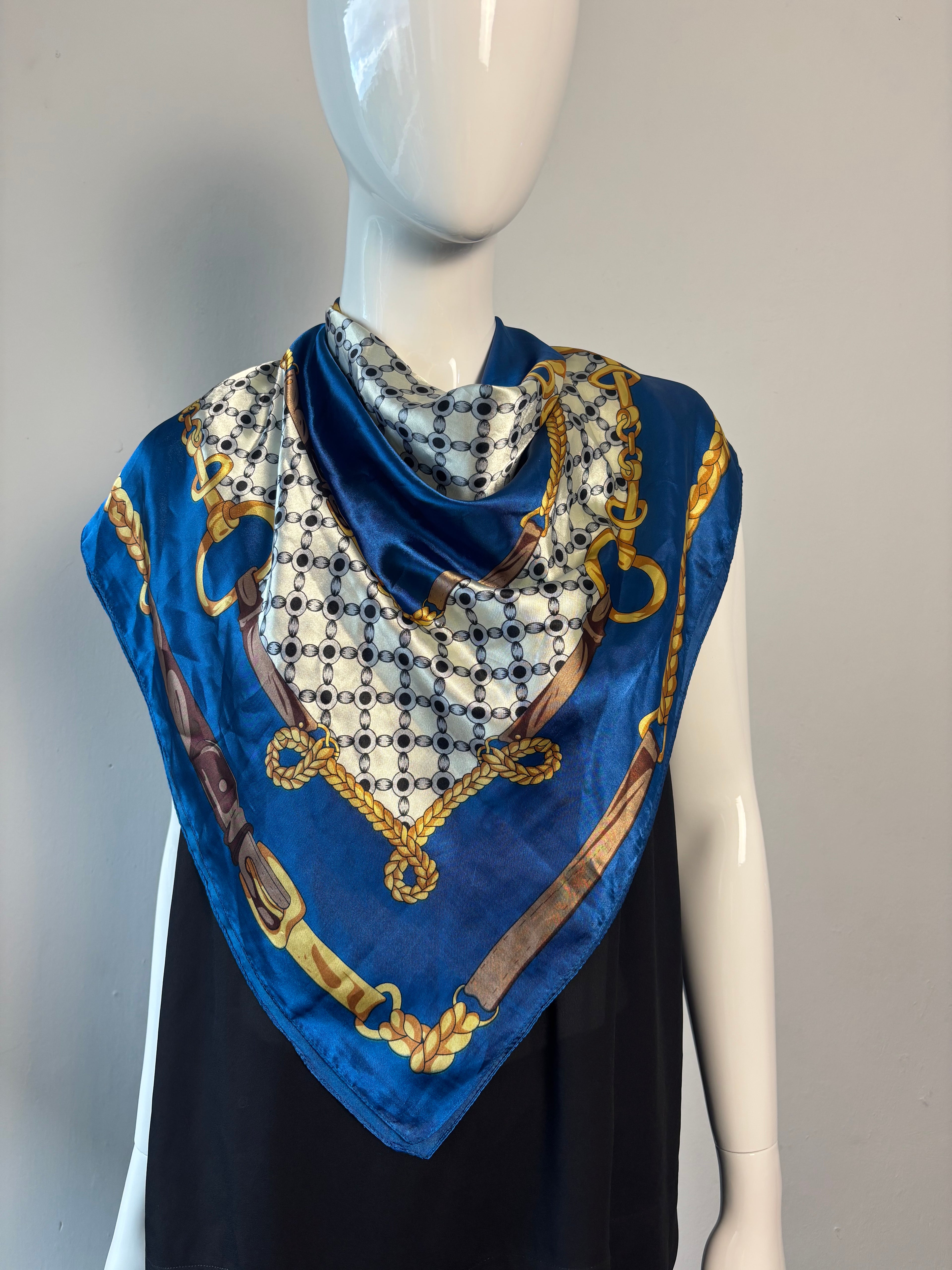 Vintage Blue Equestrian Chain Print Satin Feel Square Scarf – 36”