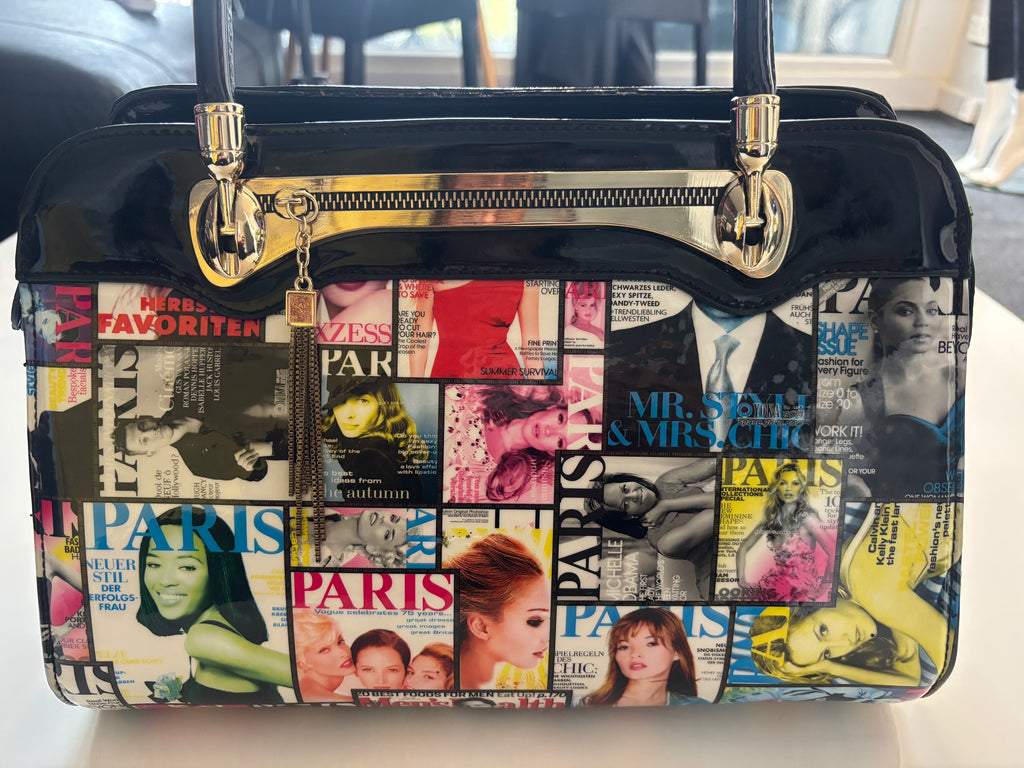 Y2K-Style Paris Magazine Collage Handbag – Black Patent-Look & Gold Tone￼