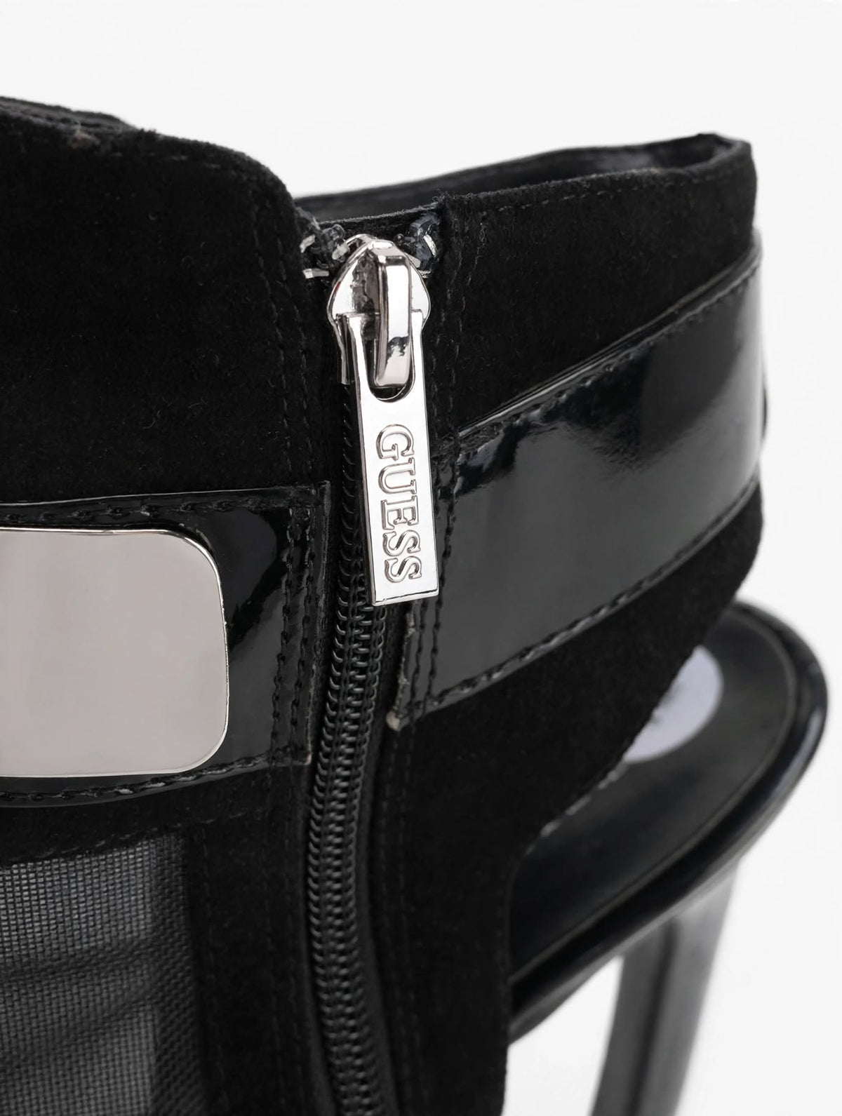 GUESS Black Mesh & Suede-Effect Peep Toe Heels – Silver Detail | UK 6