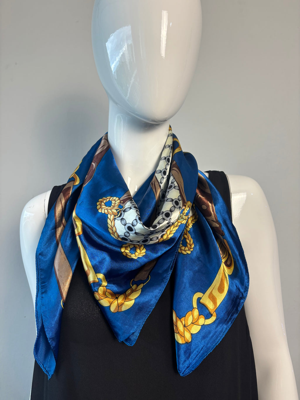 Vintage Blue Equestrian Chain Print Satin Feel Square Scarf – 36”