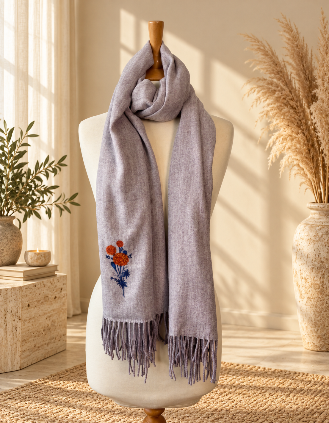 Lilac Floral Embroidered Scarf with Fringed Ends